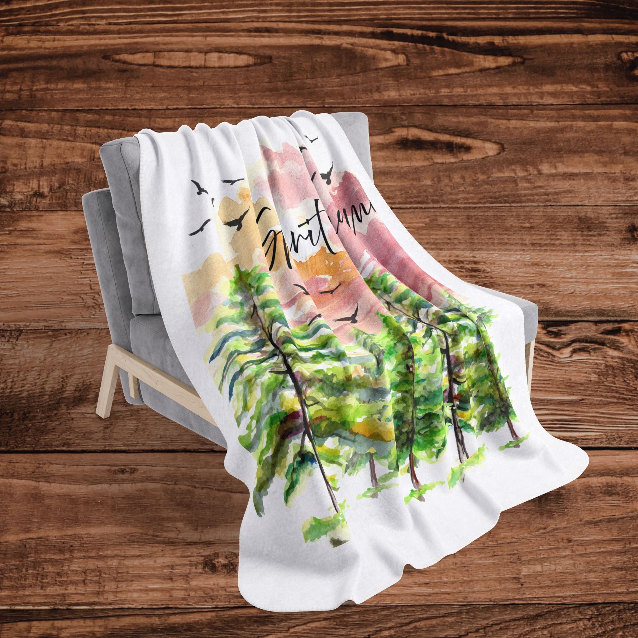 Spirit Lead Me Fleece Sherpa Blanket | Watercolor Pines, Birds, Sunset