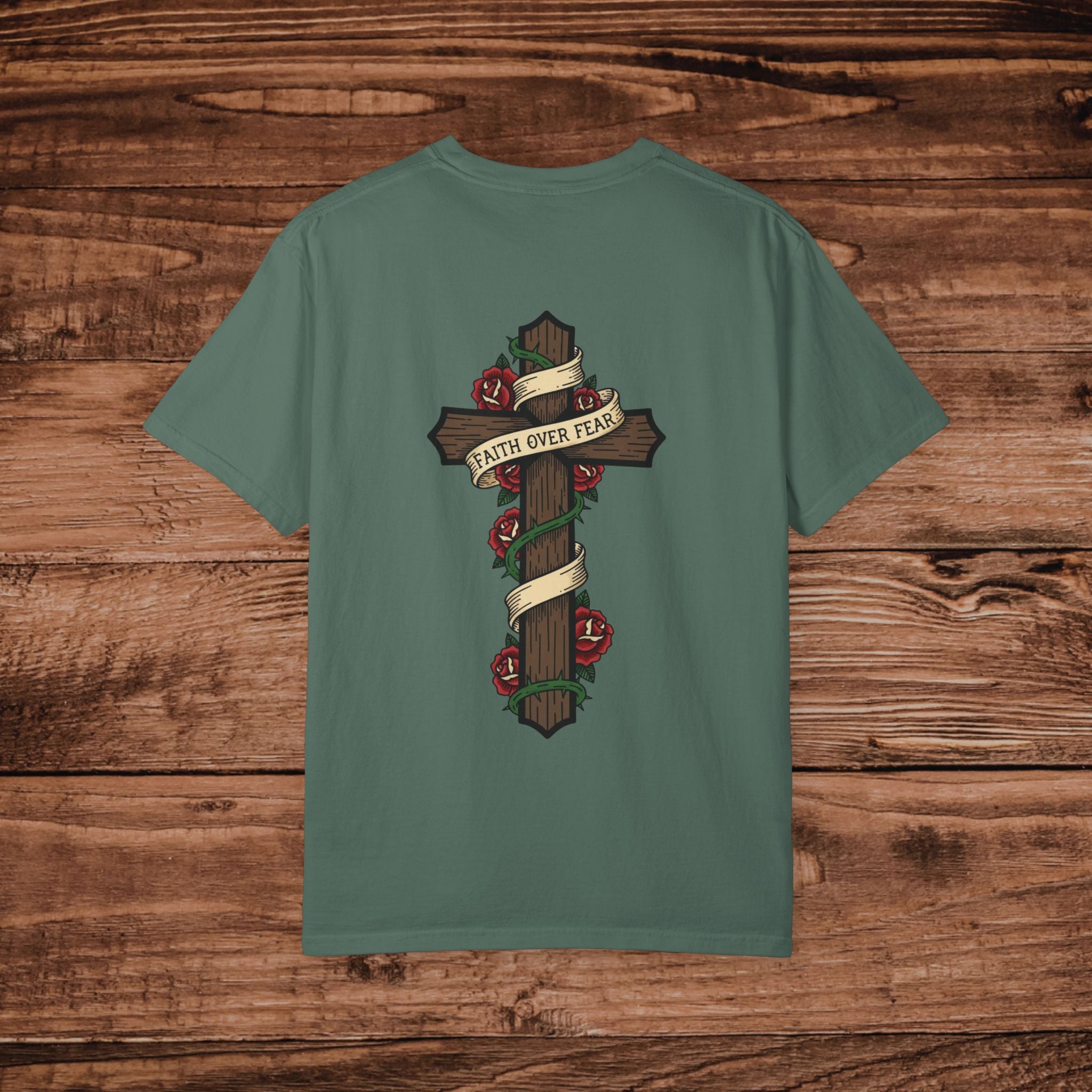 Faith Over Fear Cross T-shirt | Rose and Banner Design