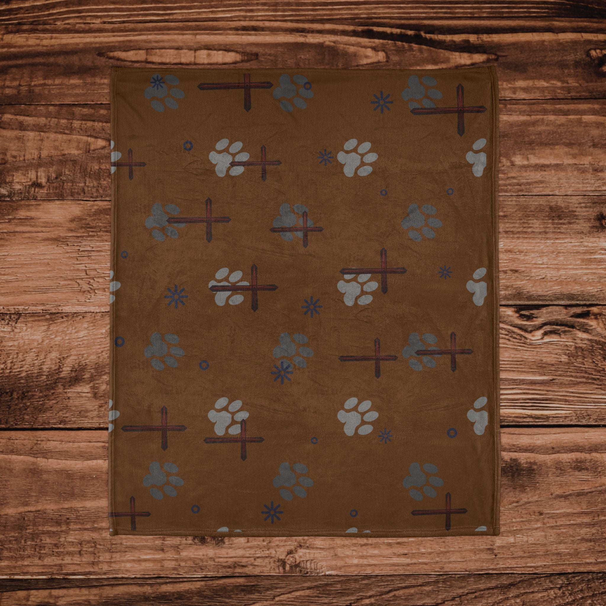 Cross and Paw Print Christian Throw Blanket Dark brown