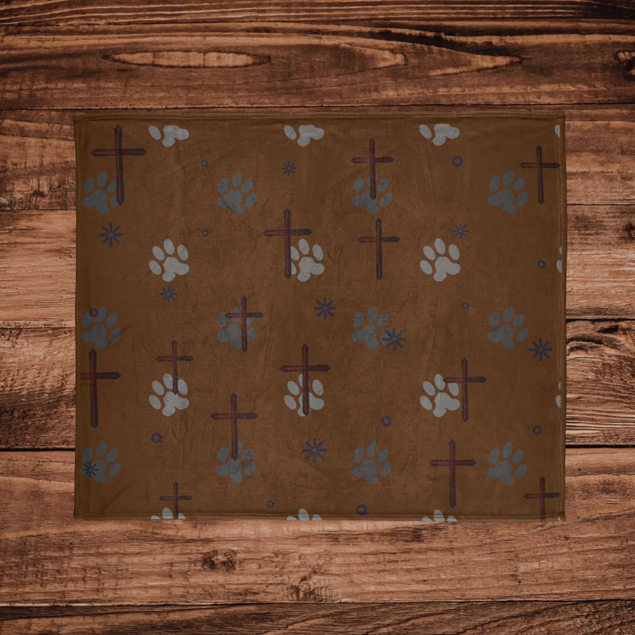 Cross and Paw Print Christian Throw Blanket Dark brown