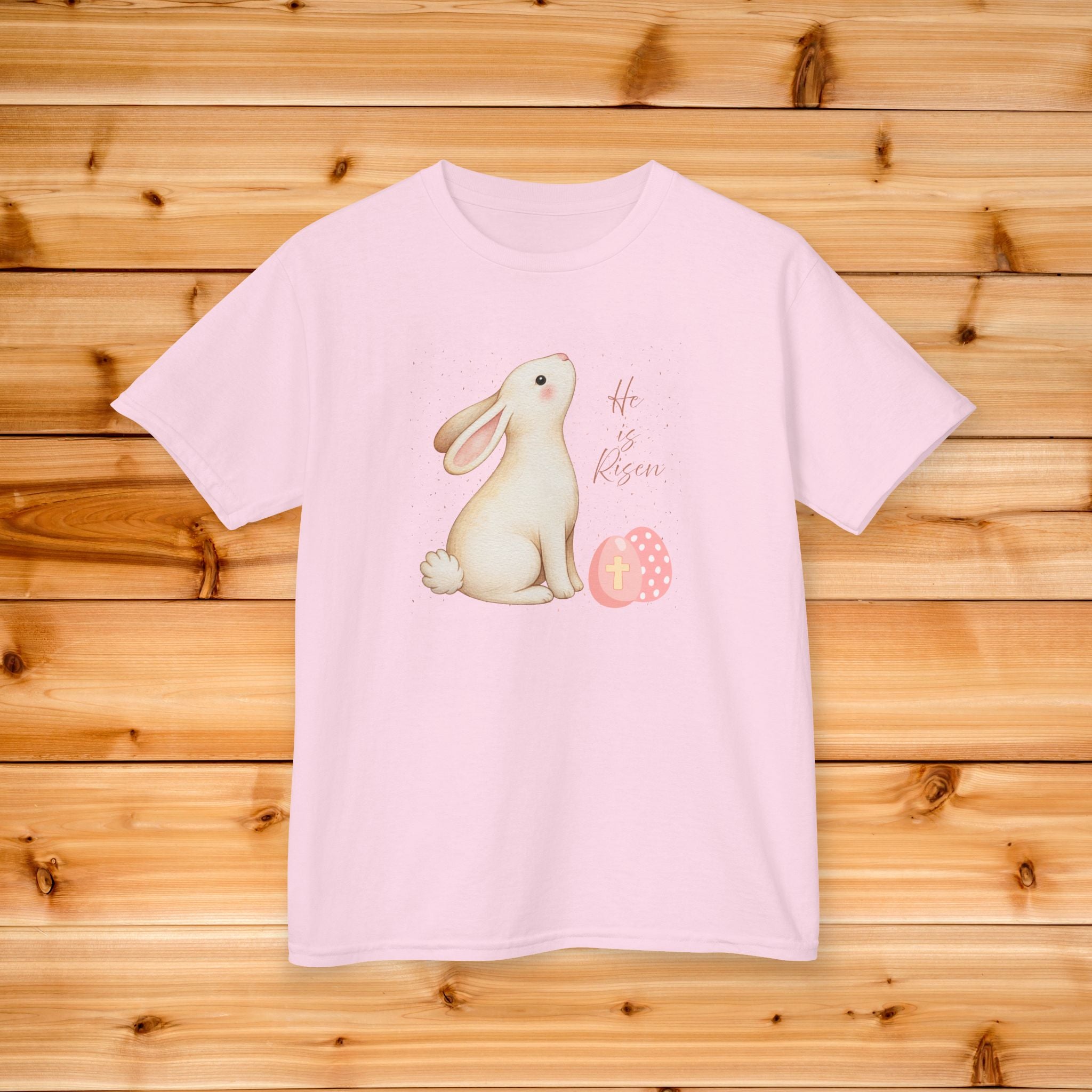 Easter Bunny with Polka Dot Egg Kids Tee | pastel rabbit illustration