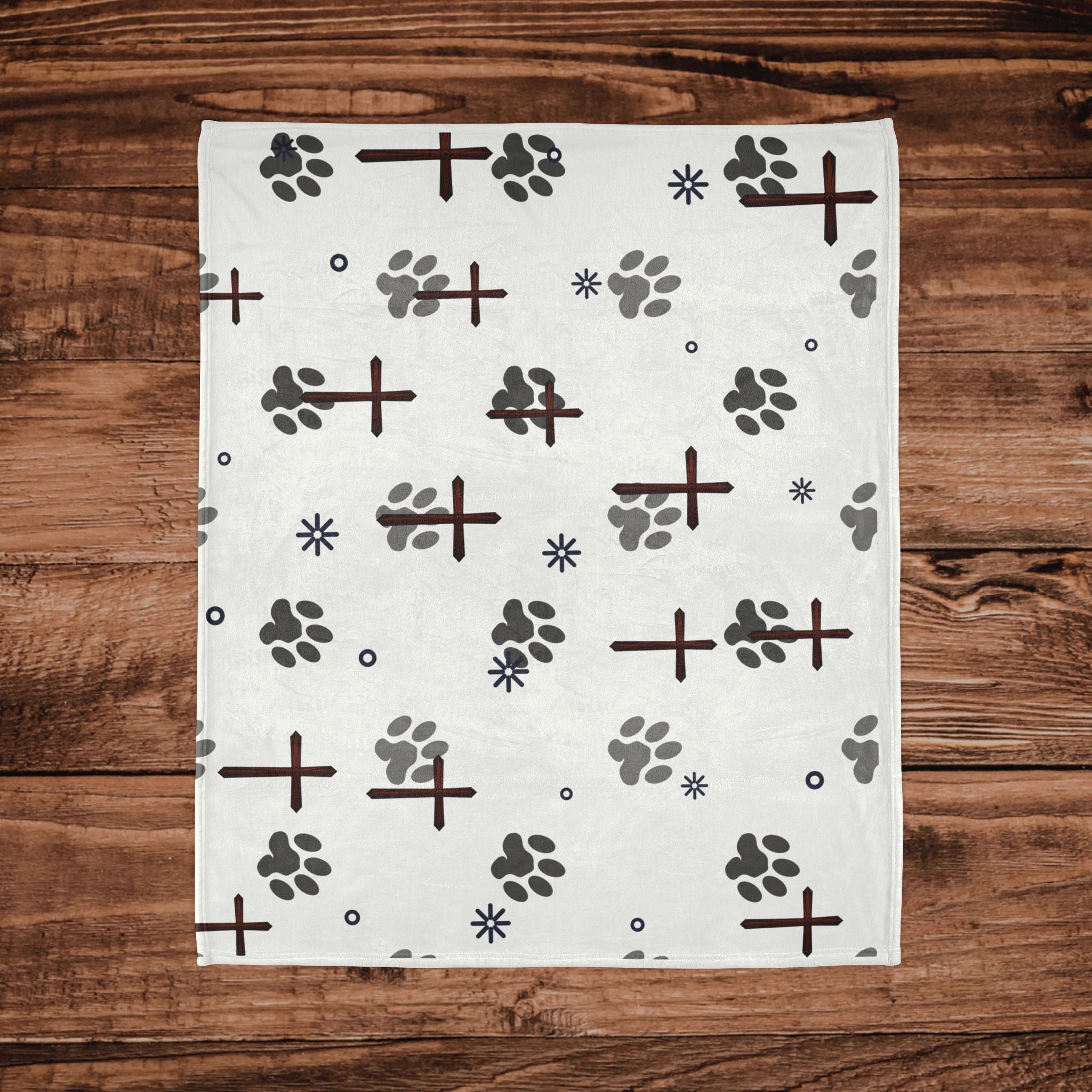 Cross and Paw Print Christian Throw Blanket White