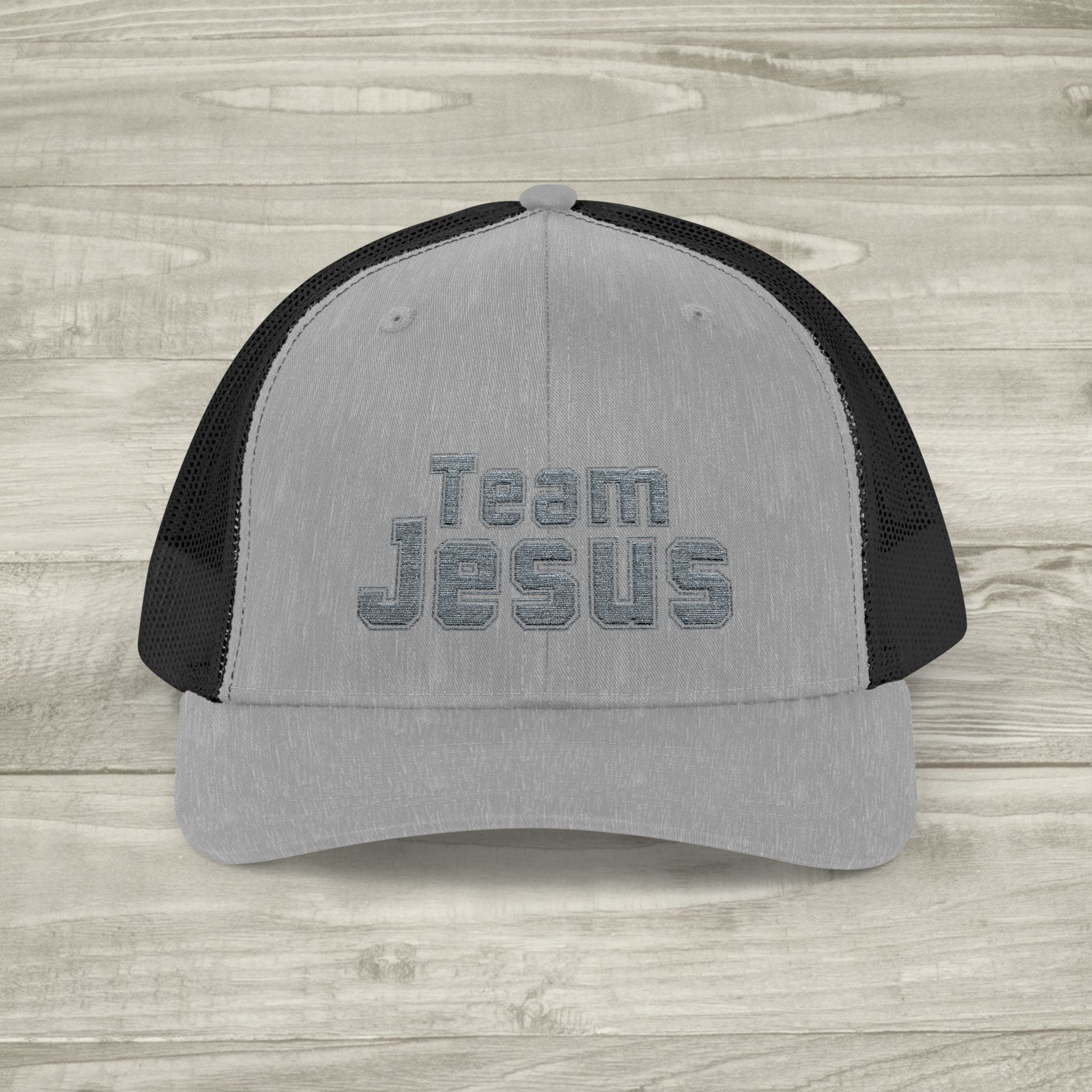Embroidered Team Jesus Trucker Snapback Hat available in 18 colors