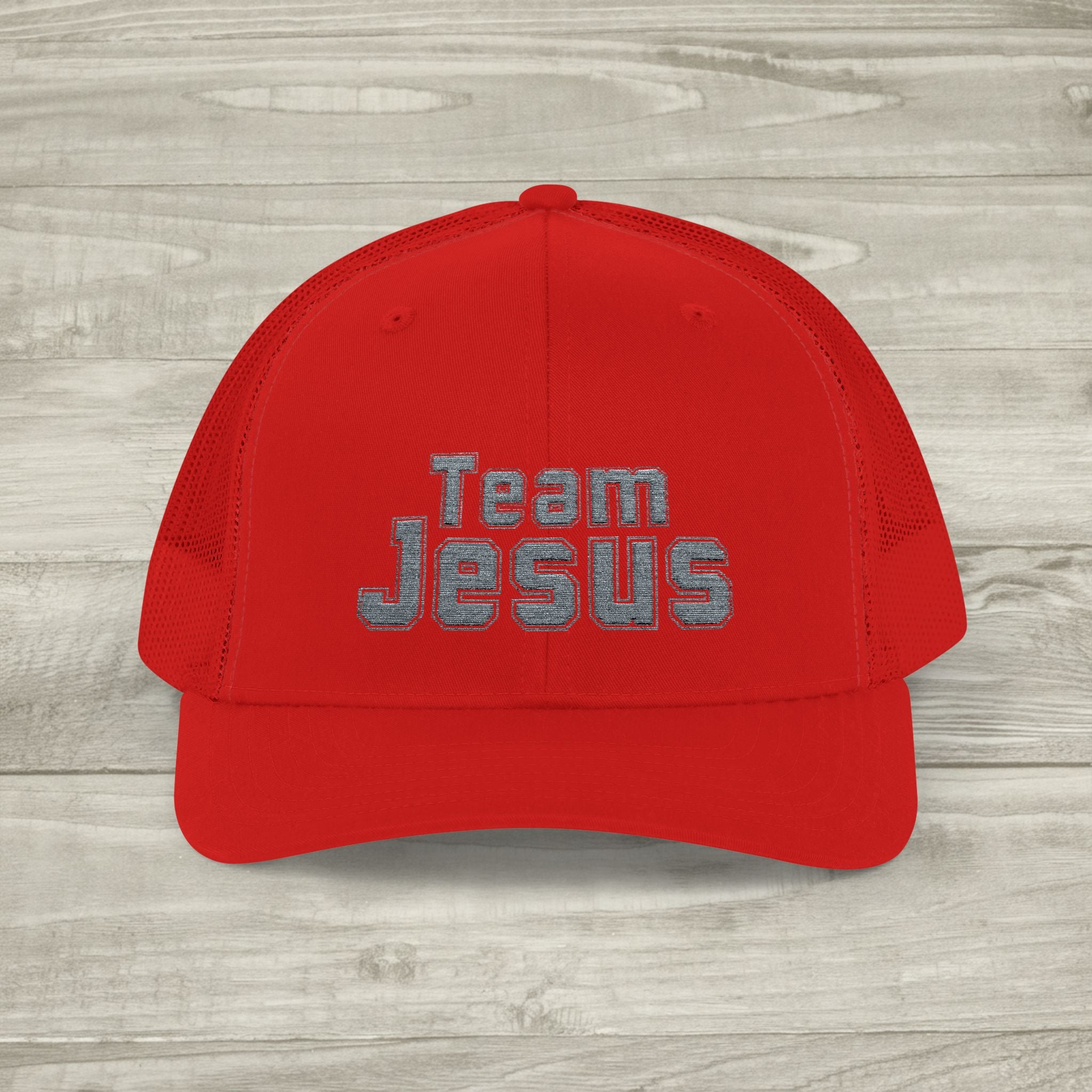 Embroidered Team Jesus Trucker Snapback Hat available in 18 colors