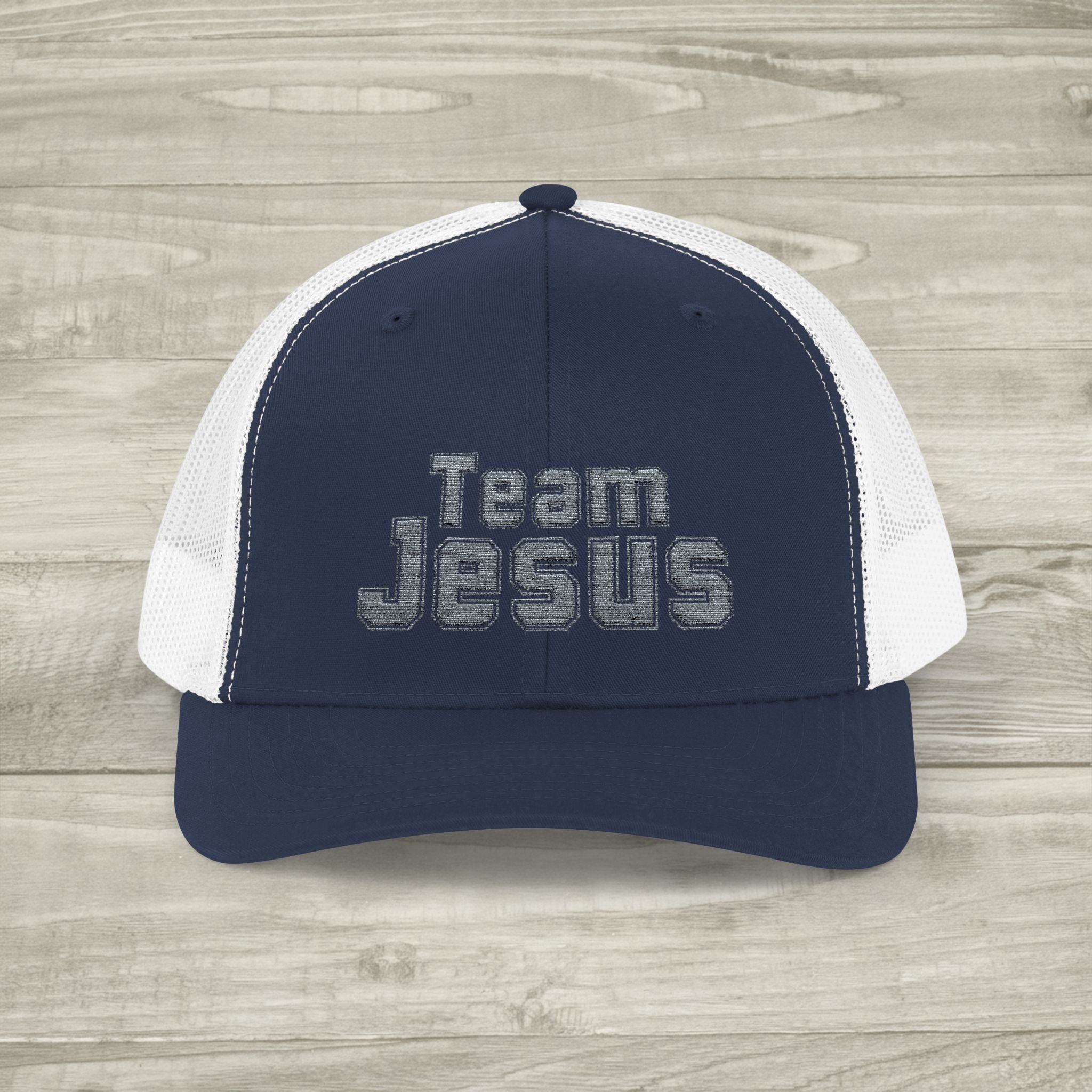 Embroidered Team Jesus Trucker Snapback Hat available in 18 colors
