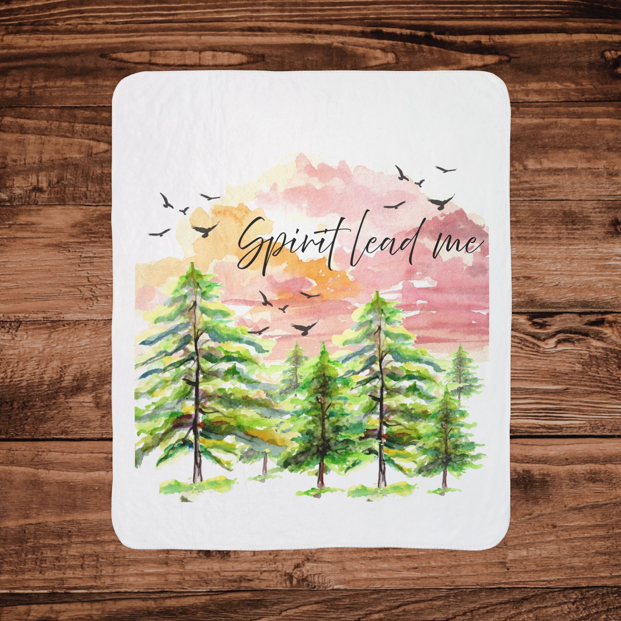 Spirit Lead Me Fleece Sherpa Blanket | Watercolor Pines, Birds, Sunset