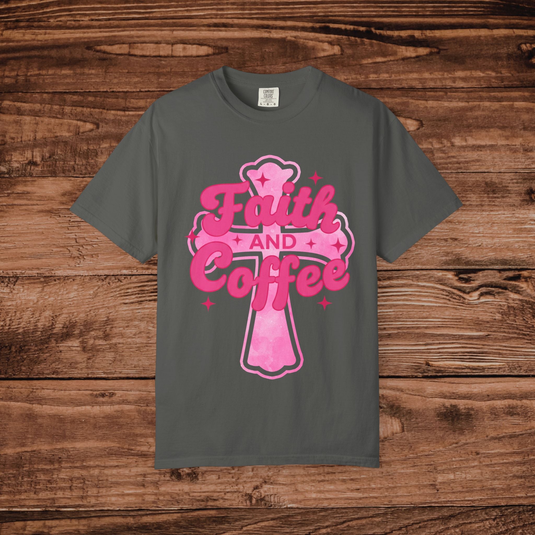 Faith and Coffee T-Shirt | Pink Cross Coffee Design