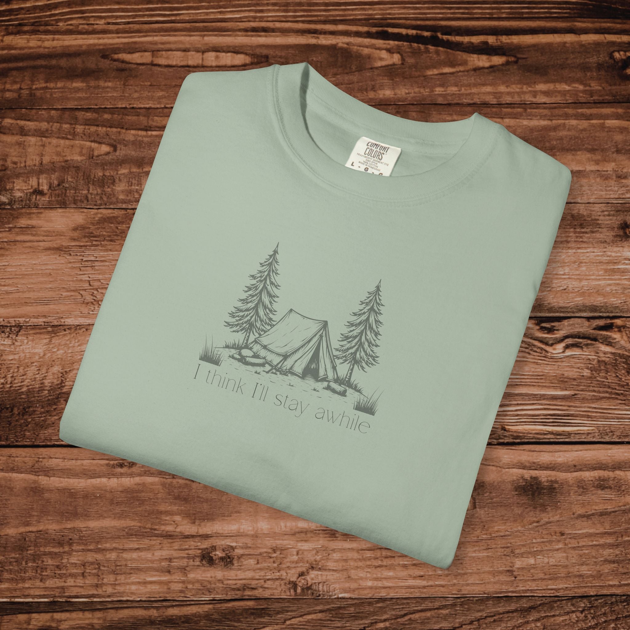 I think I'll stay for awhile, Soft Sketch Camping Tee, Minimal Camping Tent Illustration T-Shirt, Outdoors Tee, Nature Lover Scene Shirt