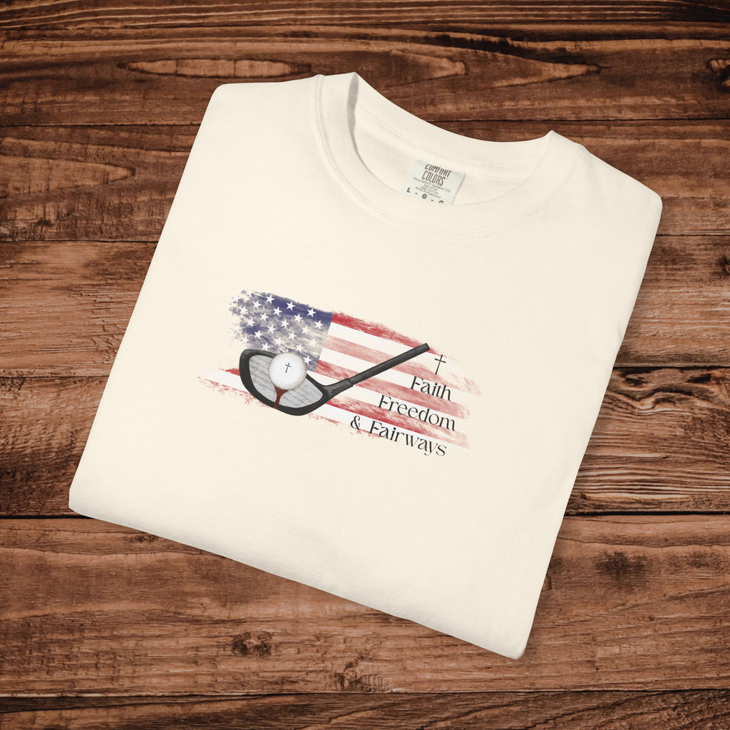 Golf Cross Patriotic Shirt for Men, Patriotic Golf Tee, Christian Golfer Gift, USA Flag Fairways T-Shirt, Minimalist Religious Golf Top