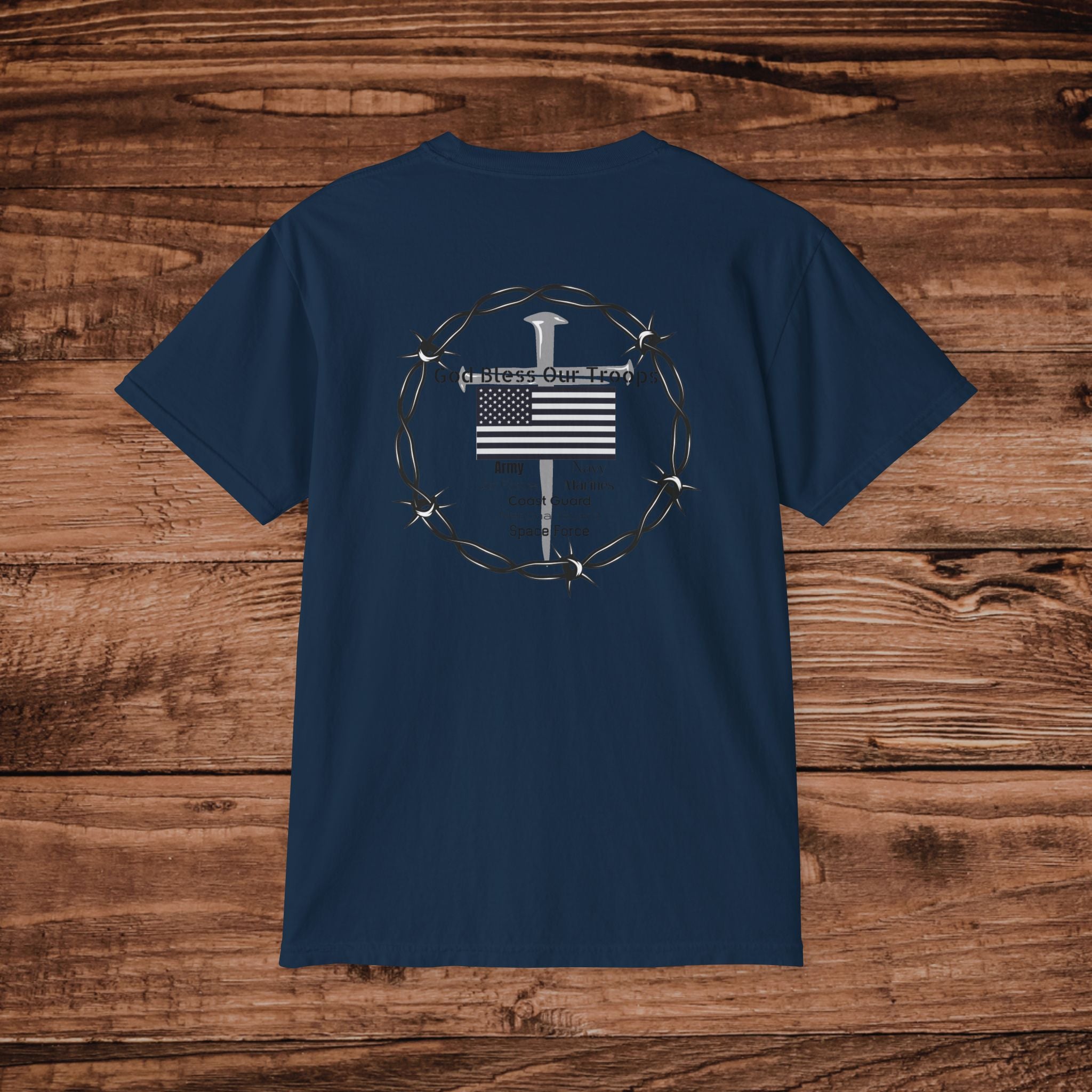 Barbed Wire Flag Pocket T-Shirt | God Bless Our Troops graphic tee