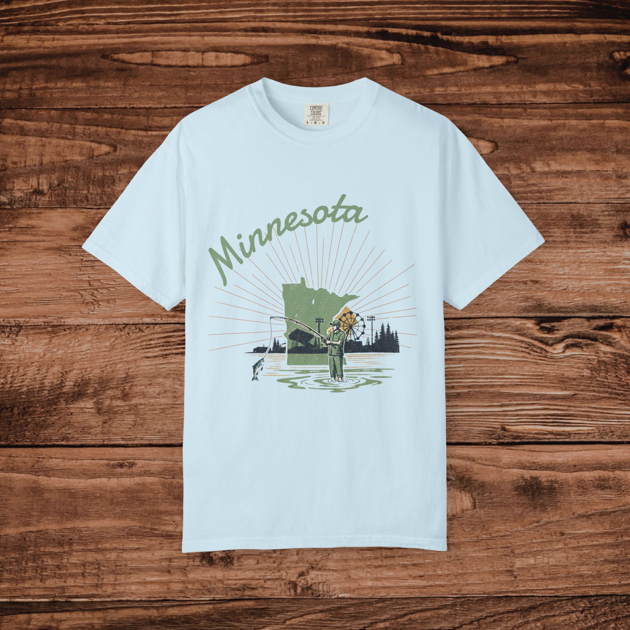 Minnesota Fishing Lake Scene T-Shirt | Angler, Dog, Forest Silhouette