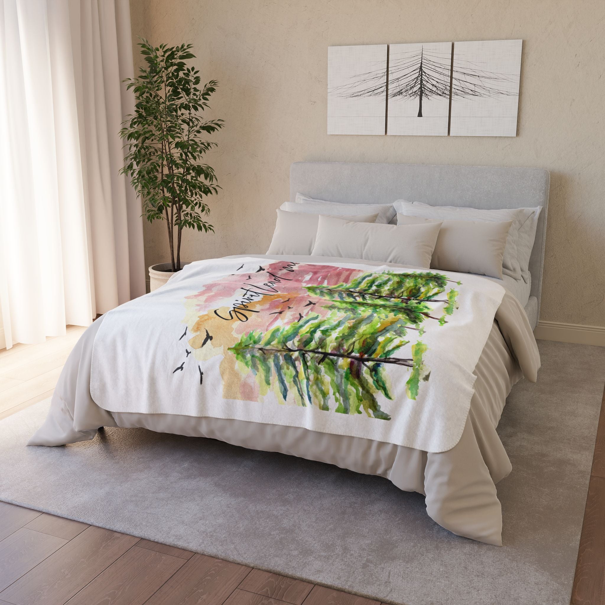 Spirit Lead Me Fleece Sherpa Blanket | Watercolor Pines, Birds, Sunset