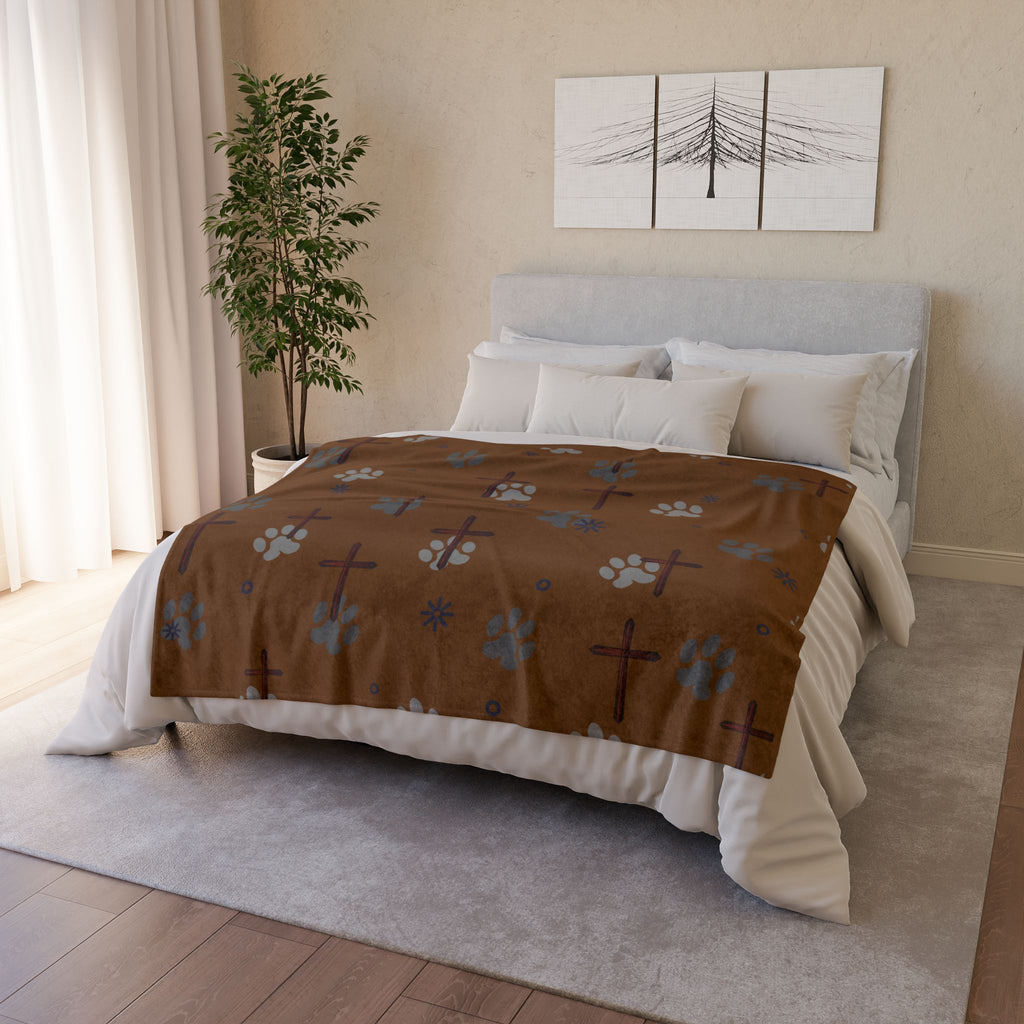 Cross and Paw Print Christian Throw Blanket Dark brown