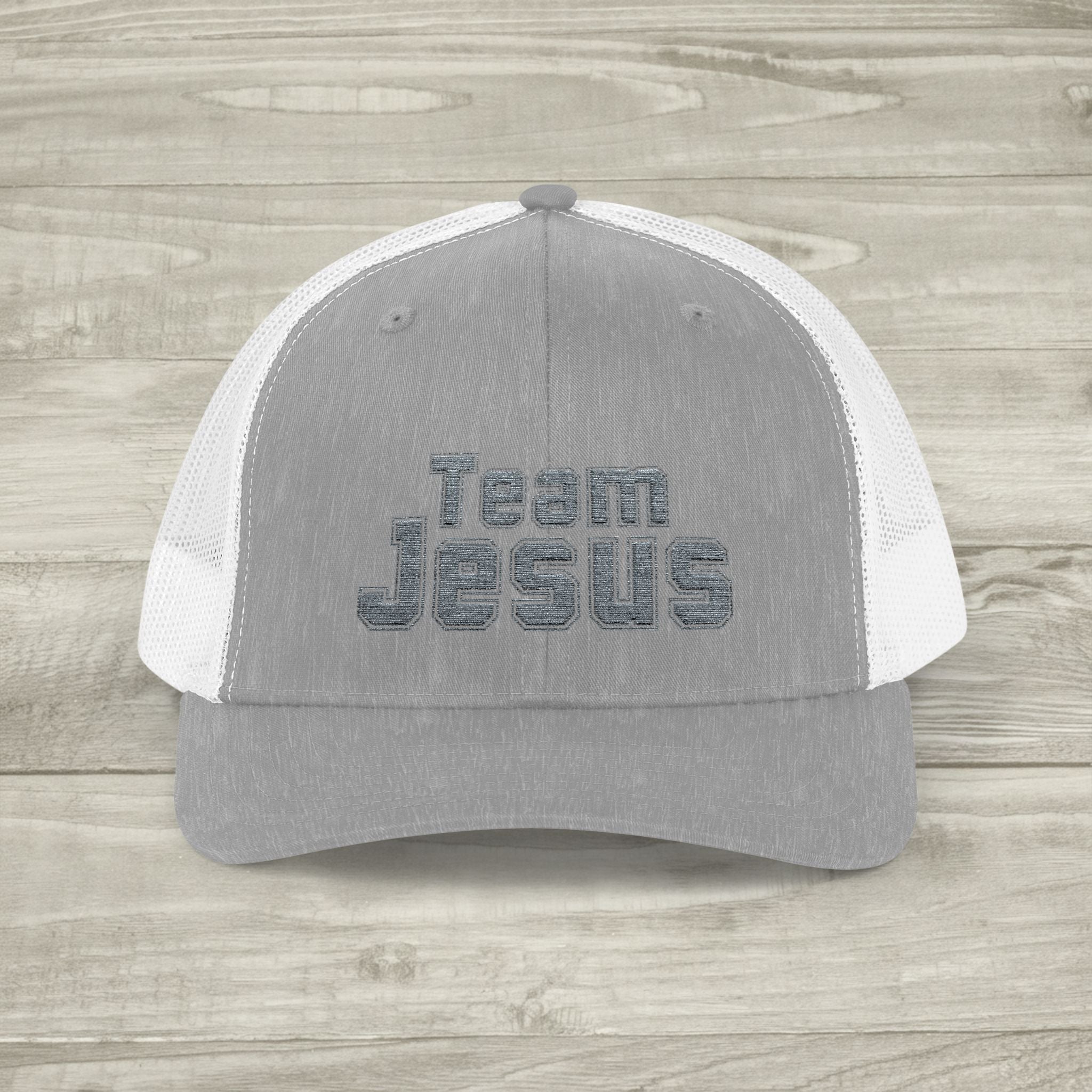Embroidered Team Jesus Trucker Snapback Hat available in 18 colors