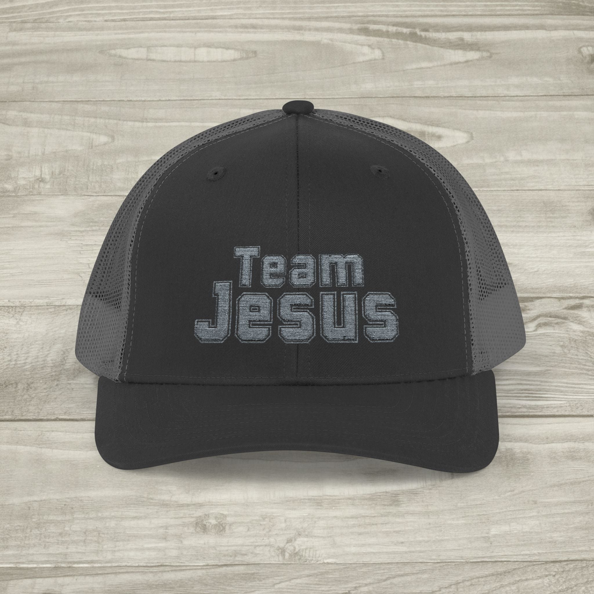 Embroidered Team Jesus Trucker Snapback Hat available in 18 colors