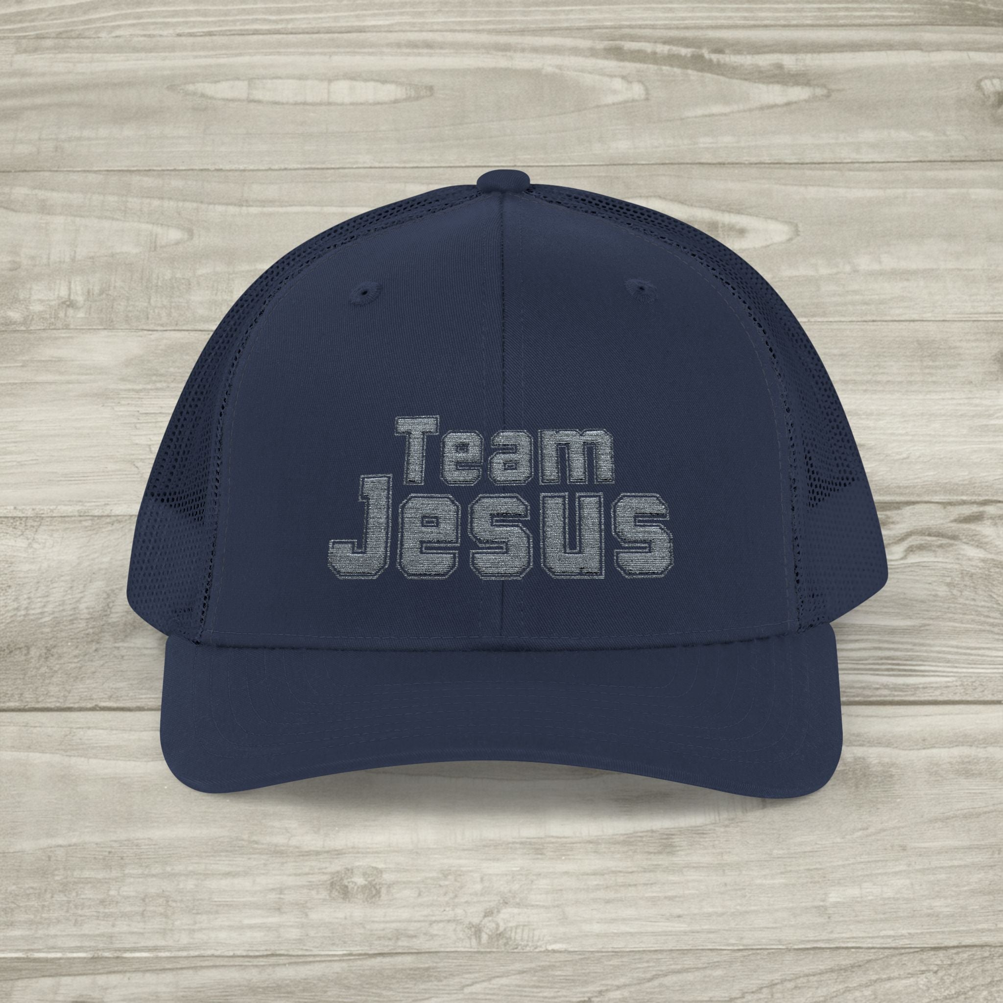 Embroidered Team Jesus Trucker Snapback Hat available in 18 colors