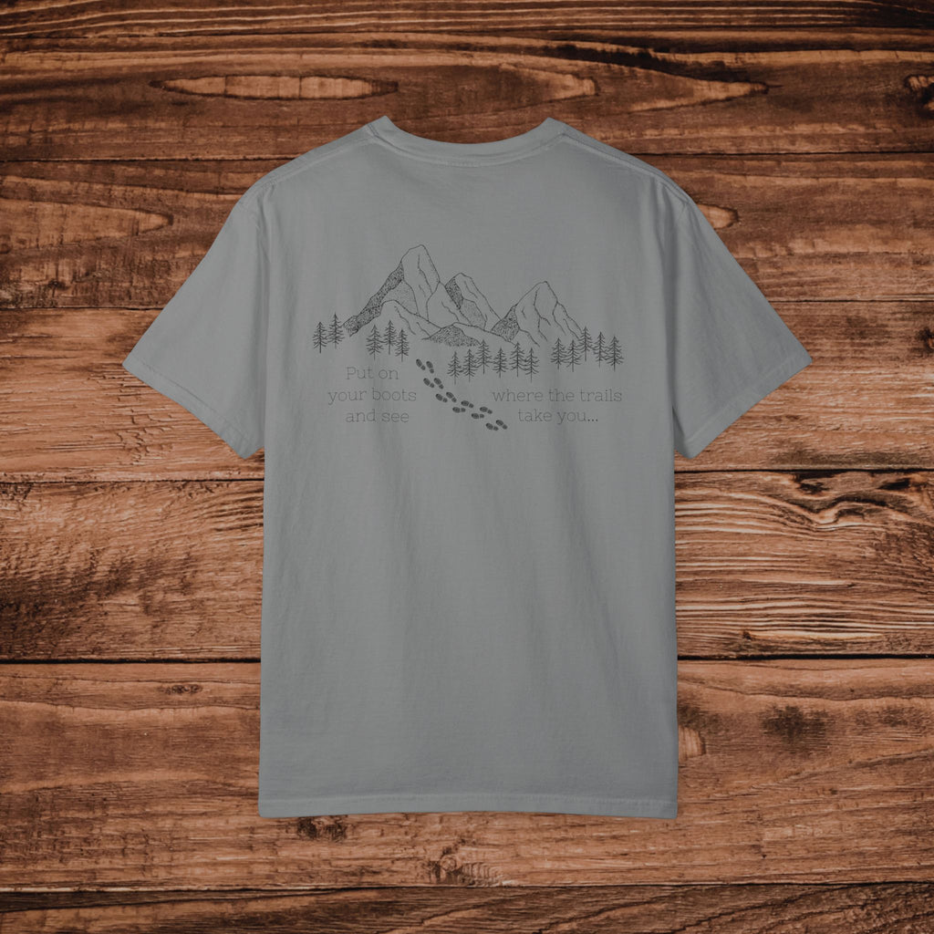 Put Your Boots On Hiking Trail Tee, Dual Graphic, Minimalist Mountain Sketch T-Shirt, Outdoorsy Gift for Hikers, Nature Lover Adventure Top