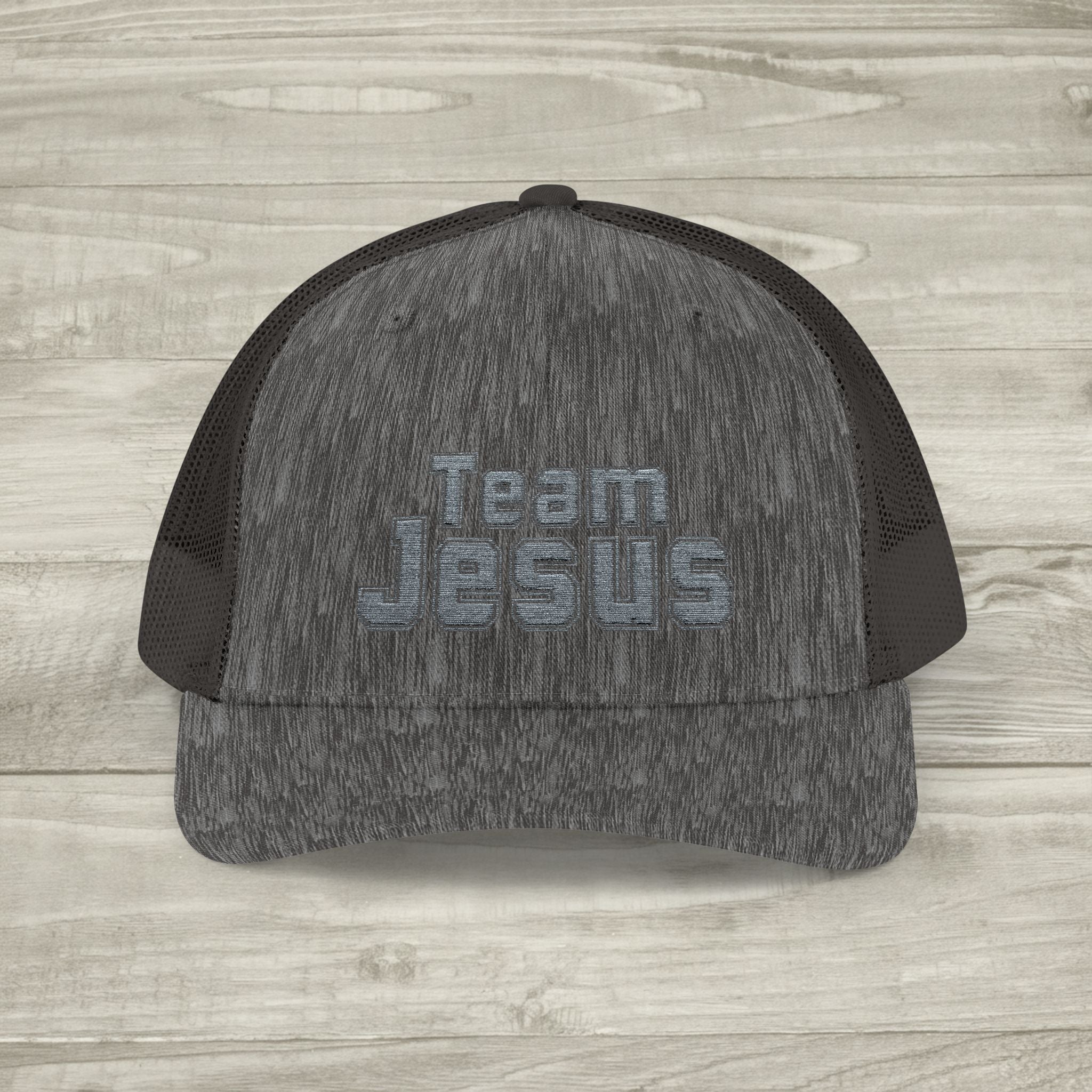 Embroidered Team Jesus Trucker Snapback Hat available in 18 colors