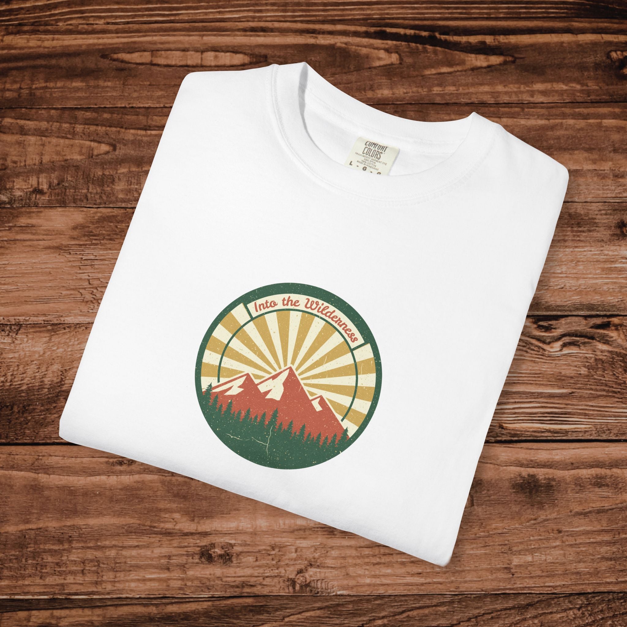 Into the Wilderness Sunrise Mountain Badge T-Shirt | Retro Outdoor Nature Graphic