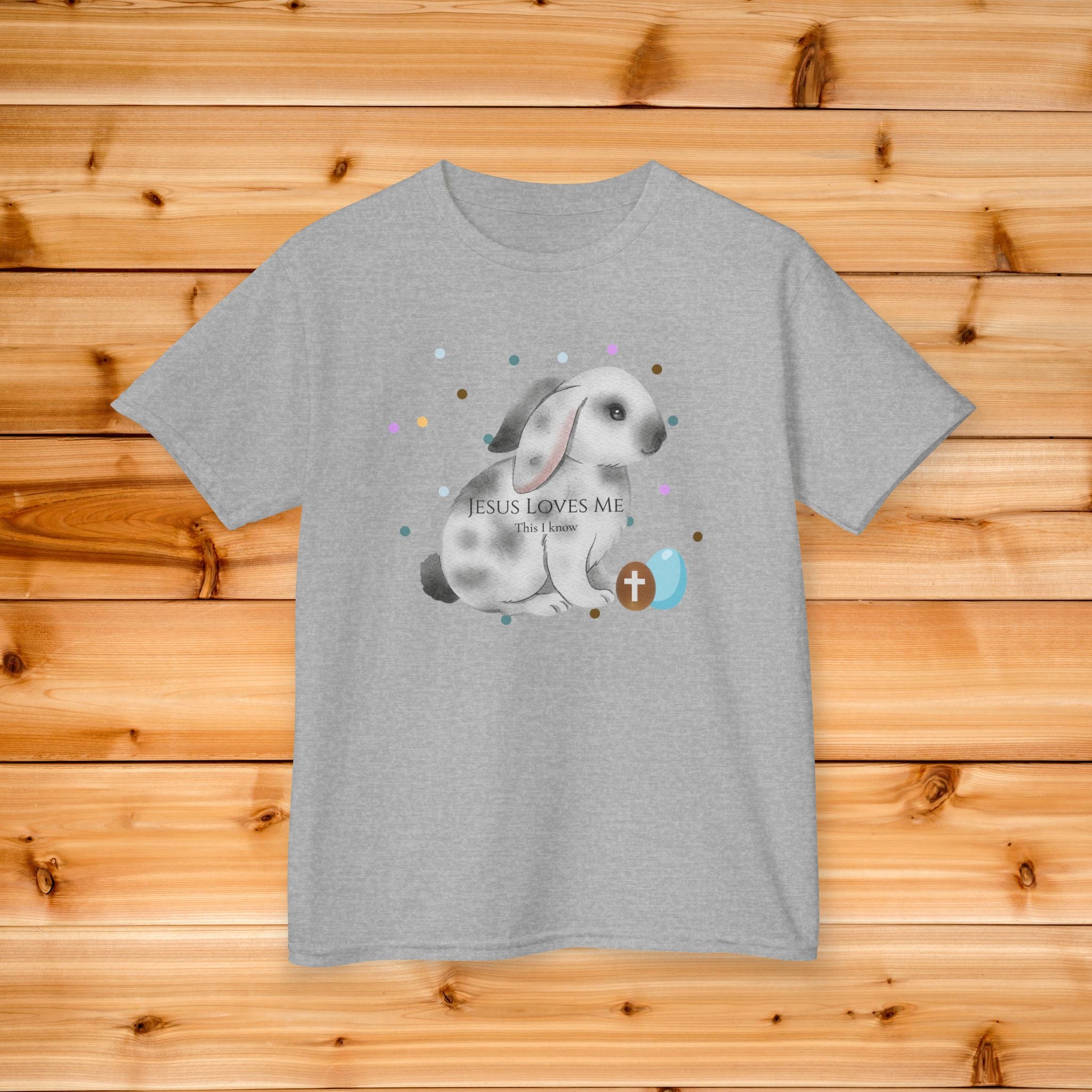 Gray Bunny with Cross Egg Kids Tee | Easter Christian Bunny Shirt