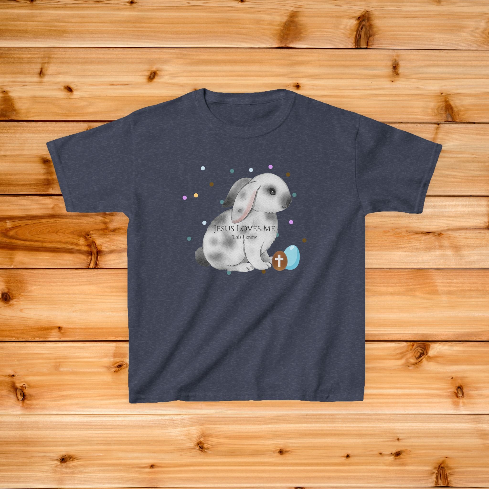 Gray Bunny with Cross Egg Kids Tee | Easter Christian Bunny Shirt