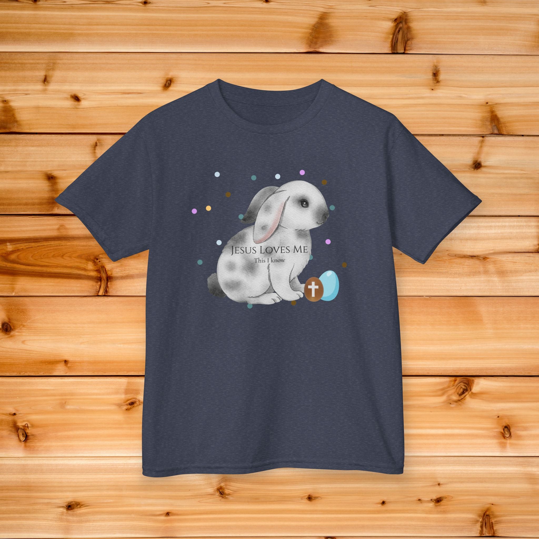 Gray Bunny with Cross Egg Kids Tee | Easter Christian Bunny Shirt