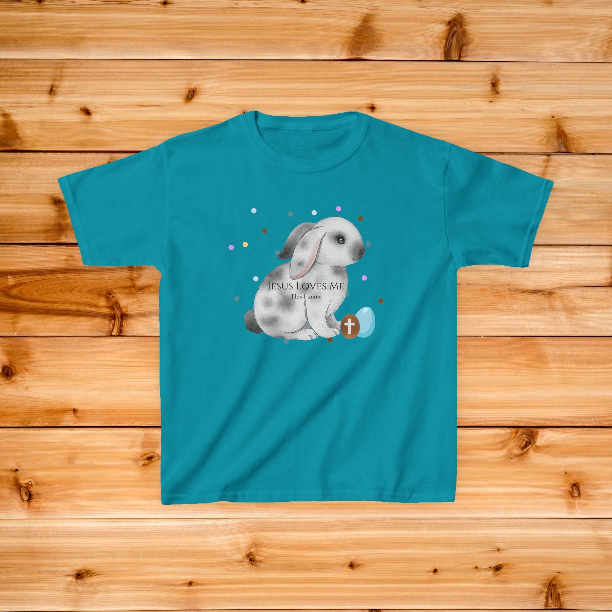 Gray Bunny with Cross Egg Kids Tee | Easter Christian Bunny Shirt