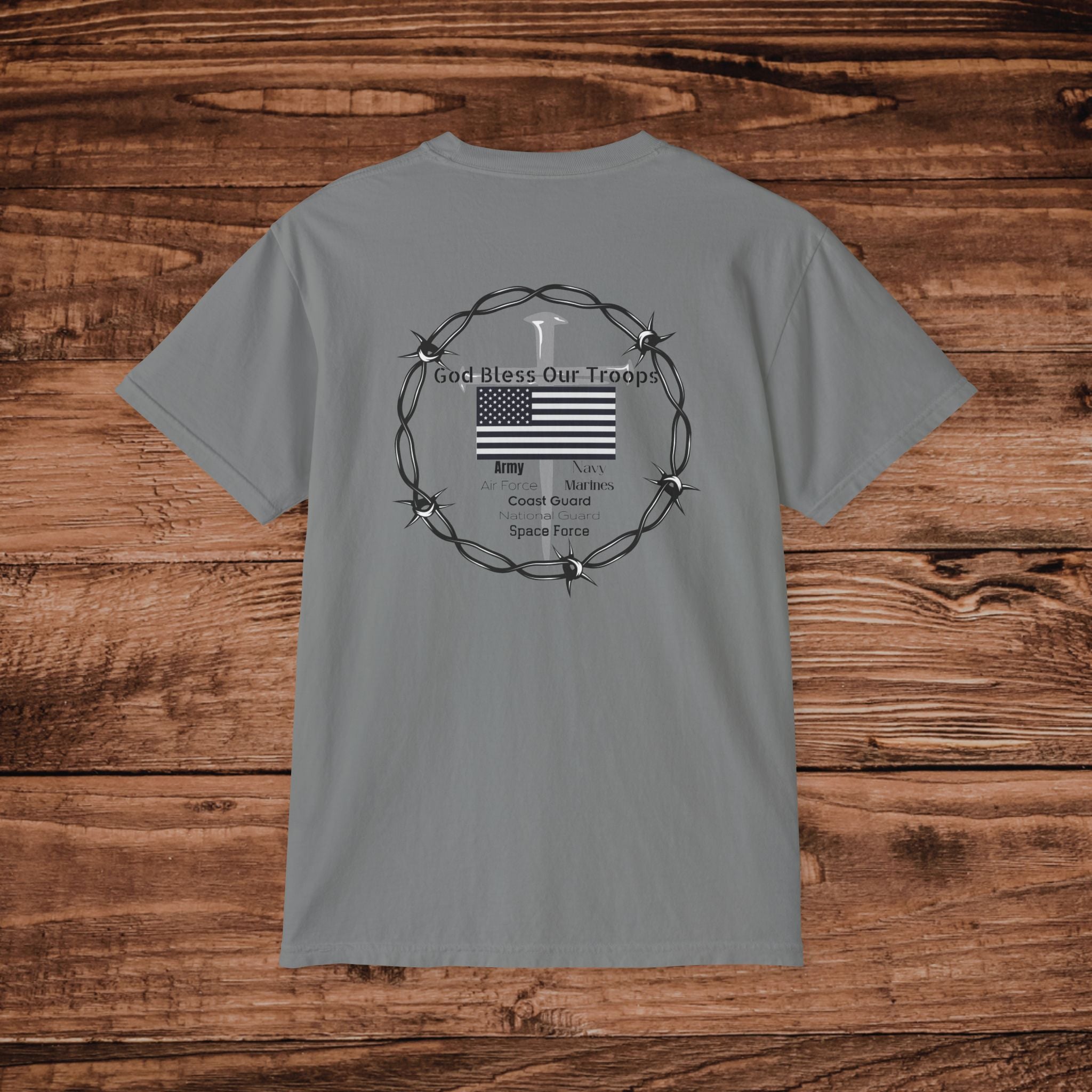 Barbed Wire Flag Pocket T-Shirt | God Bless Our Troops graphic tee