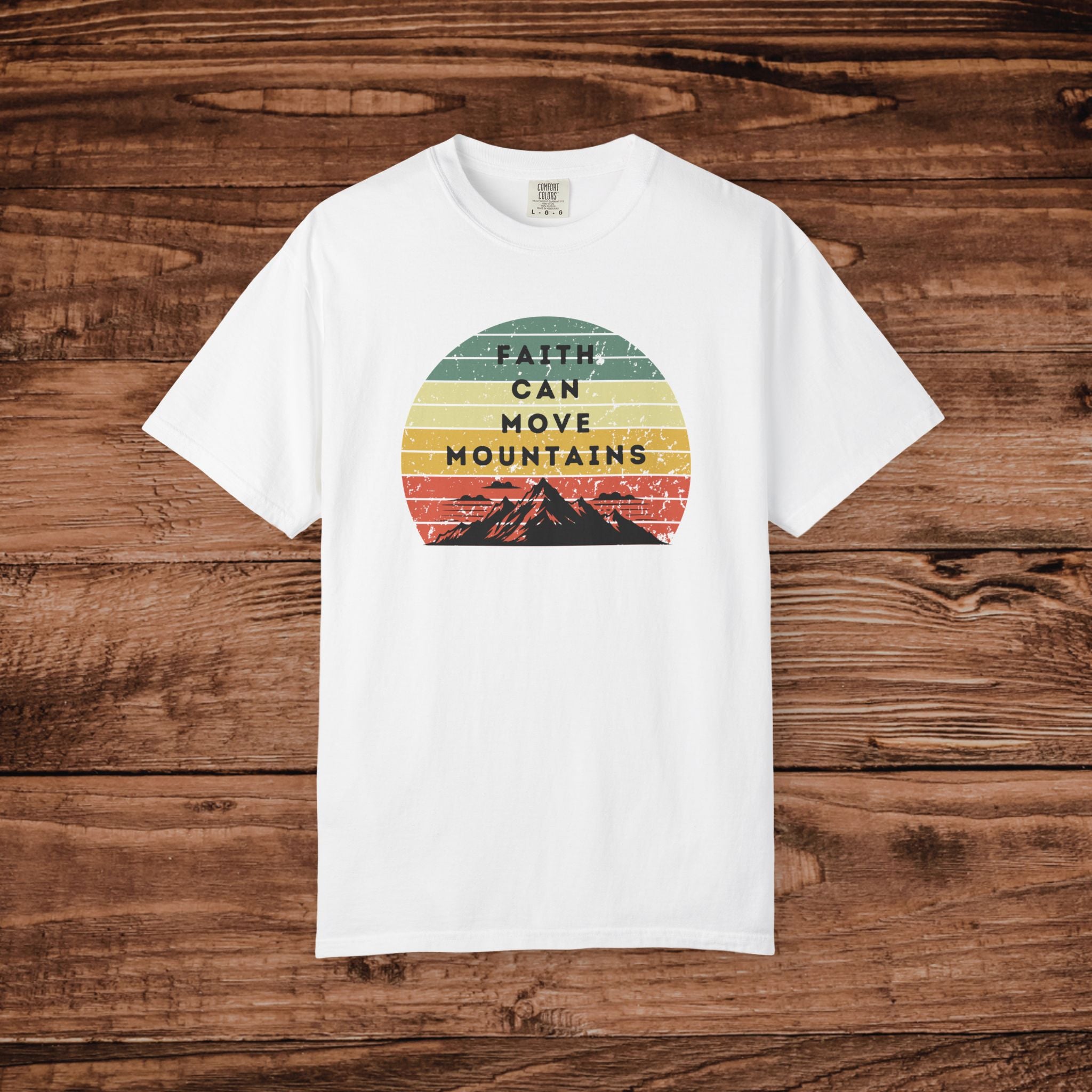 Faith Can Move Mountains tshirt Vintage Sunset Mountain Graphic 100% ring-spun US cotton