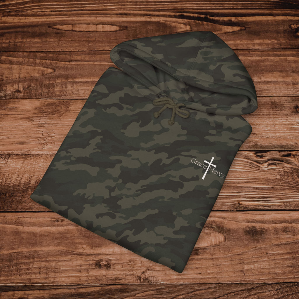 Embroidered Grace Mercy Cross Camo Hoodie, Christian Camoflauge Sweatshirt, Premium Heavyweight Pullover, Aesthetic Camouflage Gospel Hoodie