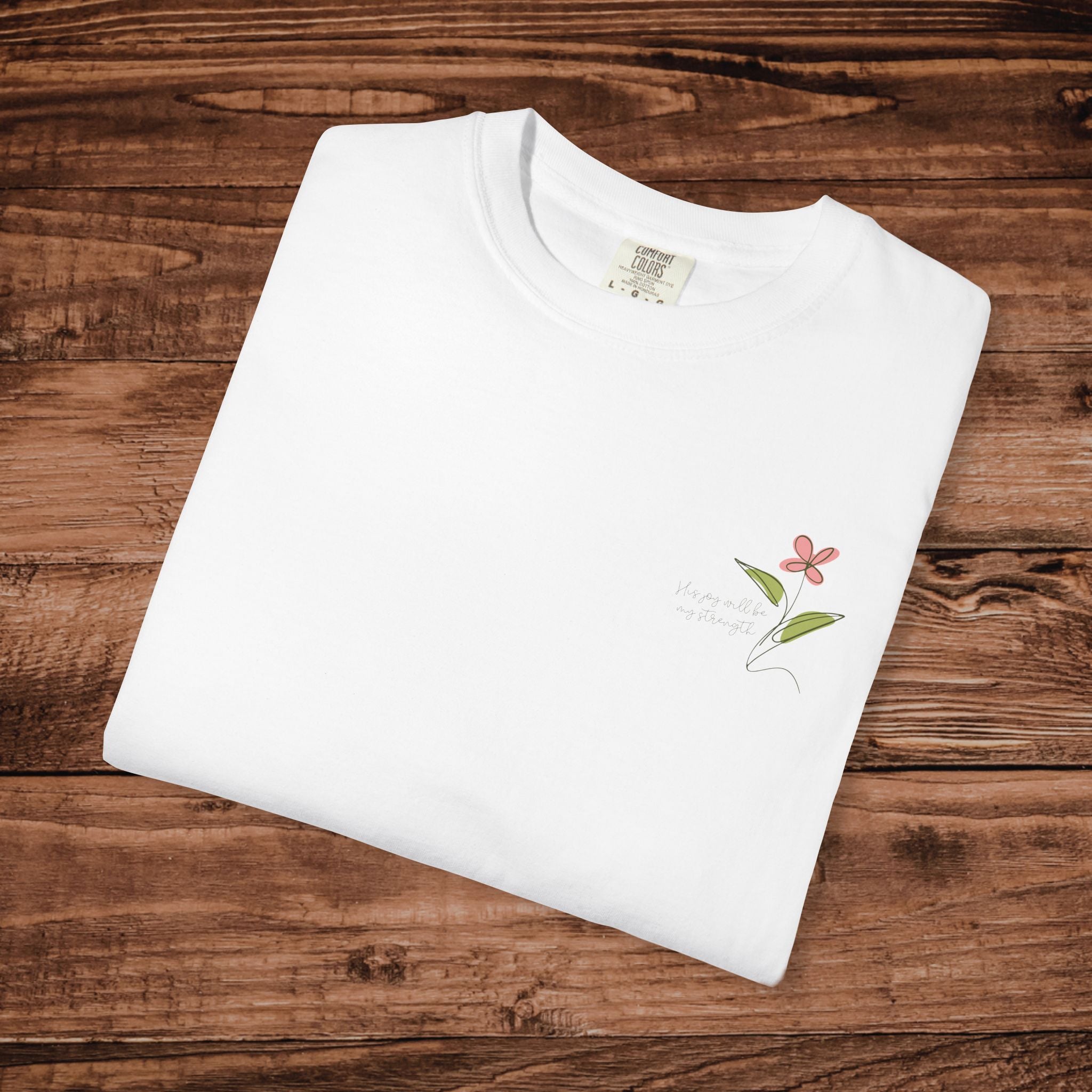 His Joy will be my Stregth Pink Flower Chest T-Shirt | Minimal Floral Tee