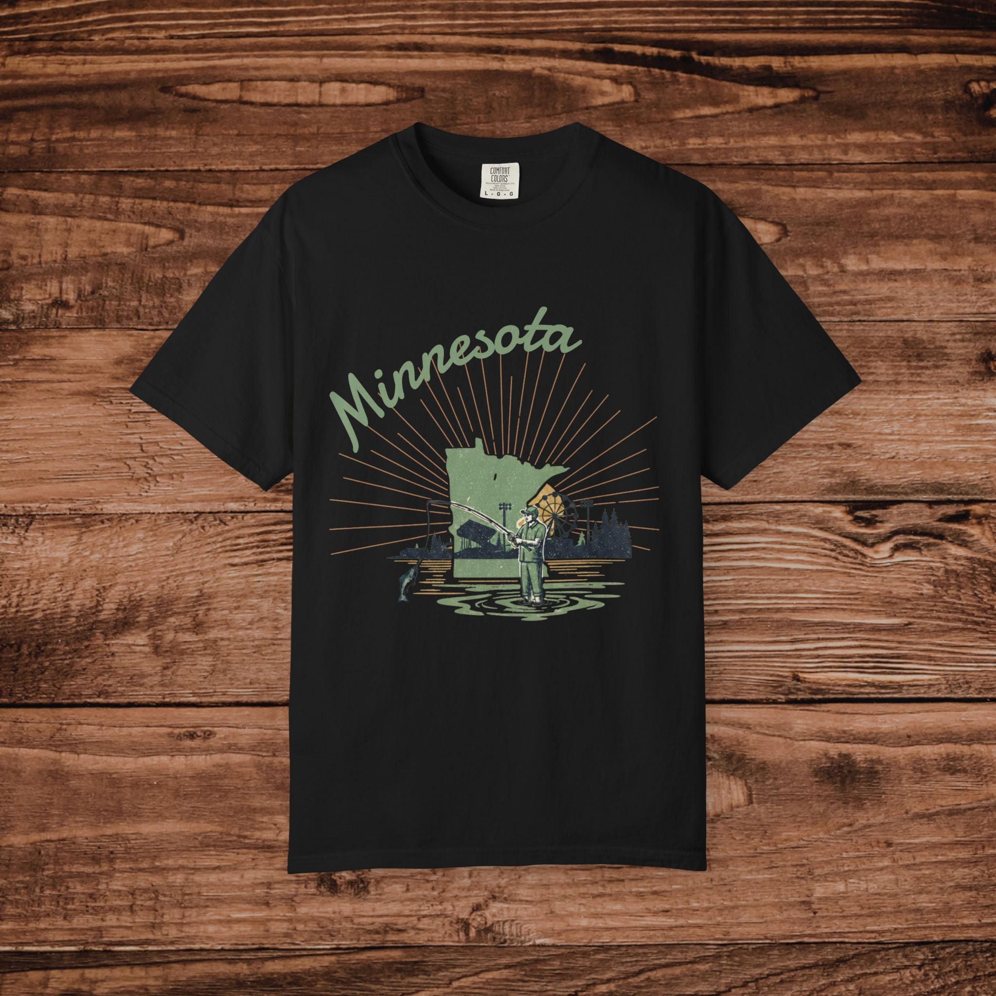 Minnesota Fishing Lake Scene T-Shirt | Angler, Dog, Forest Silhouette