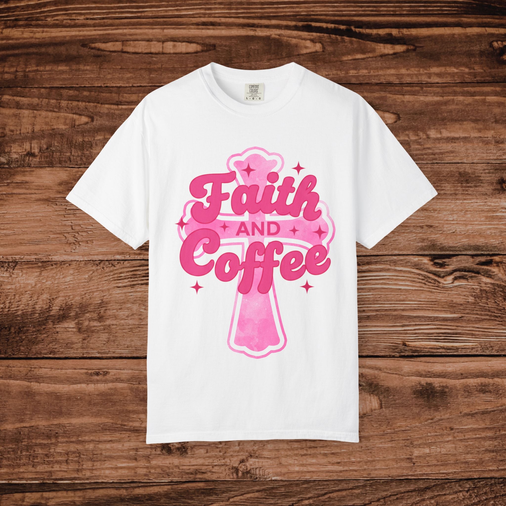 Faith and Coffee T-Shirt | Pink Cross Coffee Design