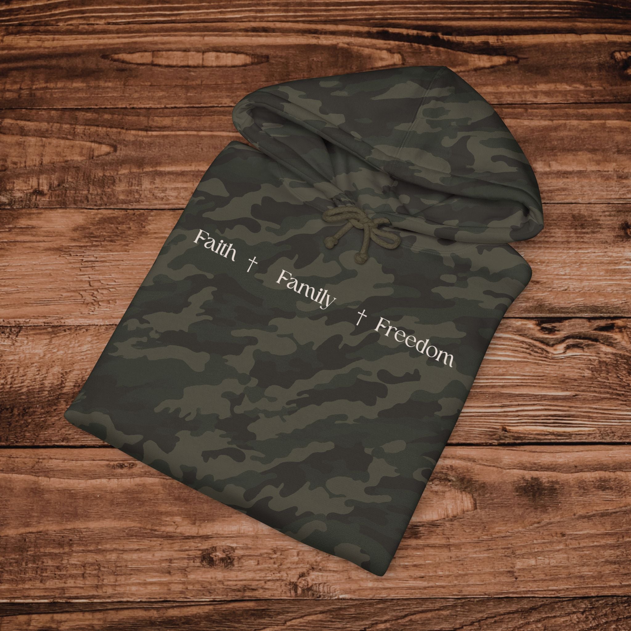 Embroidered Faith Family Freedom Camo Hoodie, Patritoic Sweatshirt, Heavyweight Pullover, Aesthetic Camouflage America Hoodie