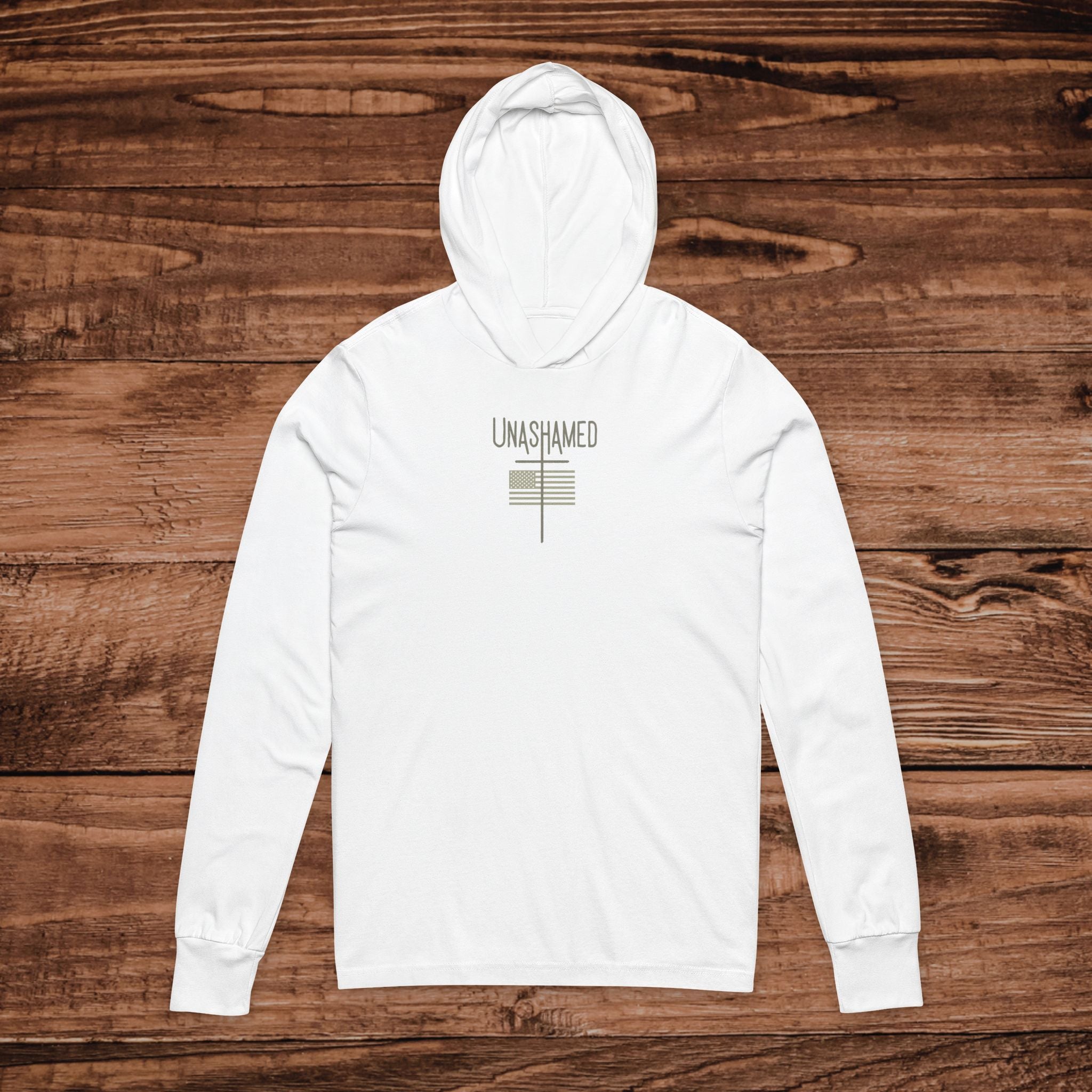 UNASHAMED Cross American Flag Hoodie Tee | Christian Faith Long Sleeve Hoodie