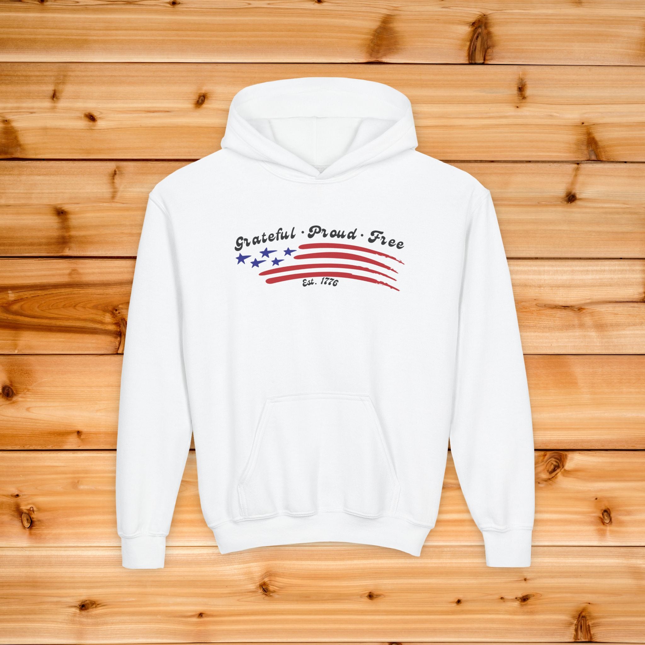 Kids Grateful Proud Free Hoodie, Patriotic Youth Sweatshirt, American Flag Kids Apparel, 4th of July Toddler Outfit, Minimalist USA Pride