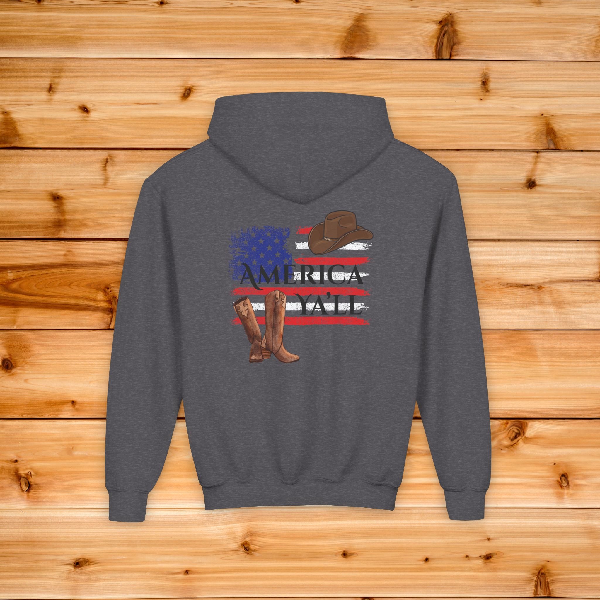 Western Youth Hoodie American Flag Cowboy Boots Sweatshirt, Patriotic Y'all Country Kids Pullover, Cowgirl Boots Graphic, Toddler Gift