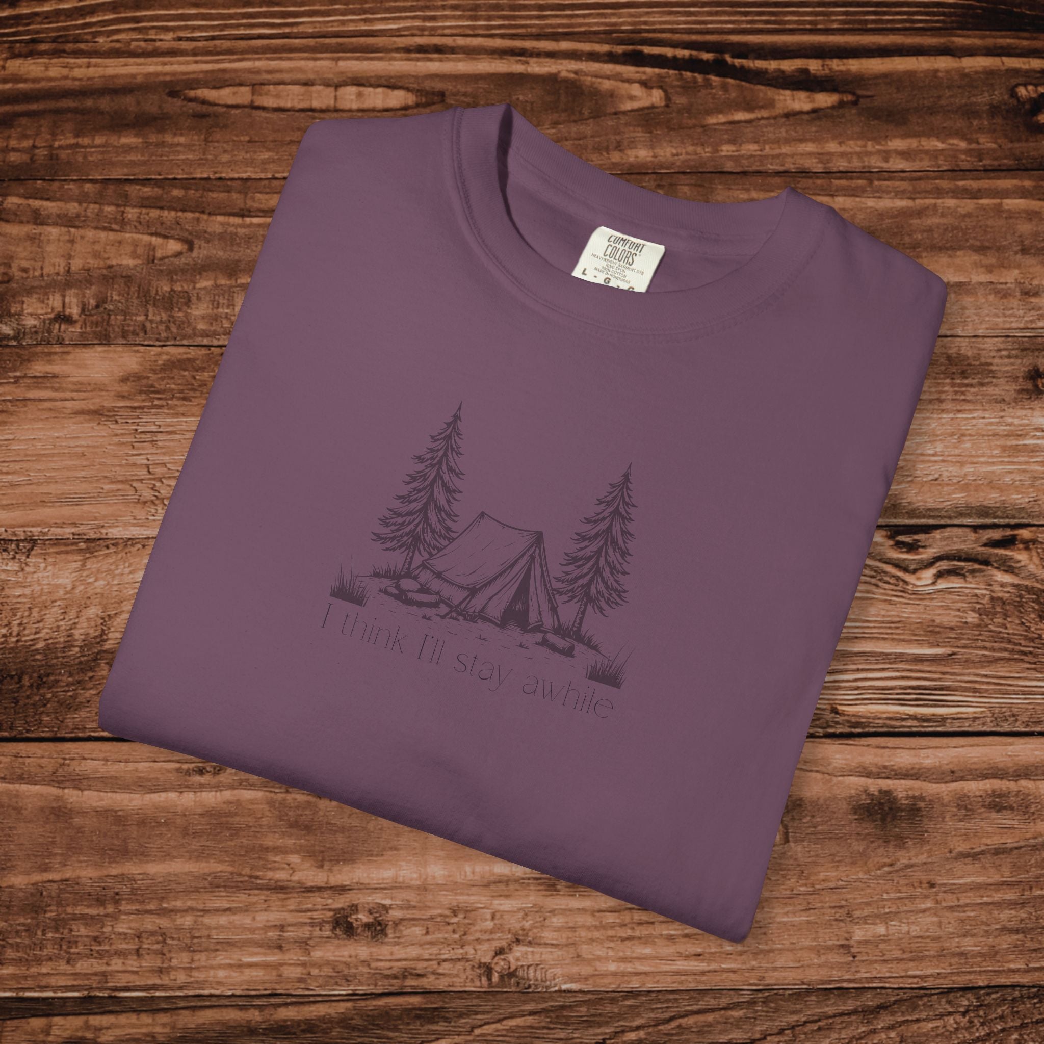 I think I'll stay for awhile, Soft Sketch Camping Tee, Minimal Camping Tent Illustration T-Shirt, Outdoors Tee, Nature Lover Scene Shirt