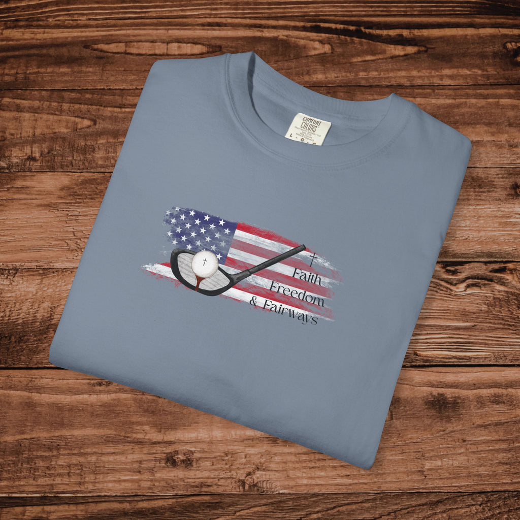 Golf Cross Patriotic Shirt for Men, Patriotic Golf Tee, Christian Golfer Gift, USA Flag Fairways T-Shirt, Minimalist Religious Golf Top