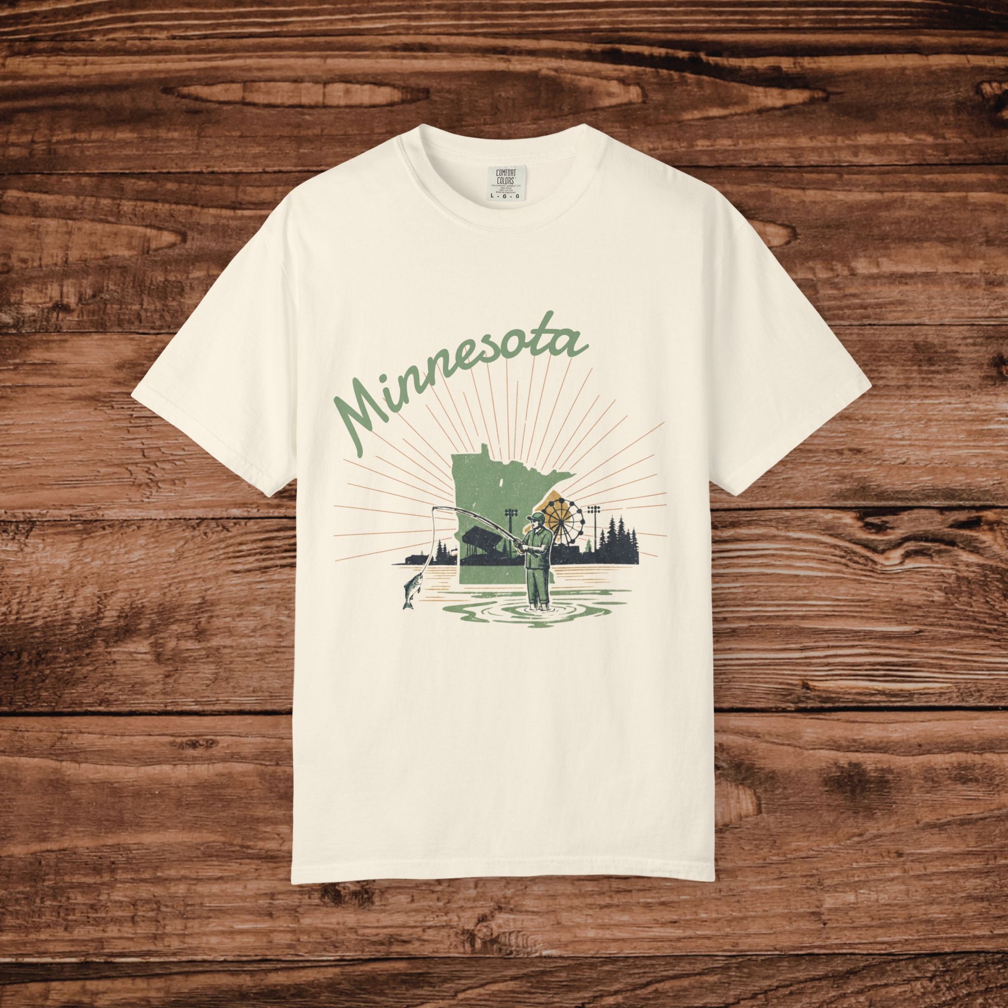 Minnesota Fishing Lake Scene T-Shirt | Angler, Dog, Forest Silhouette