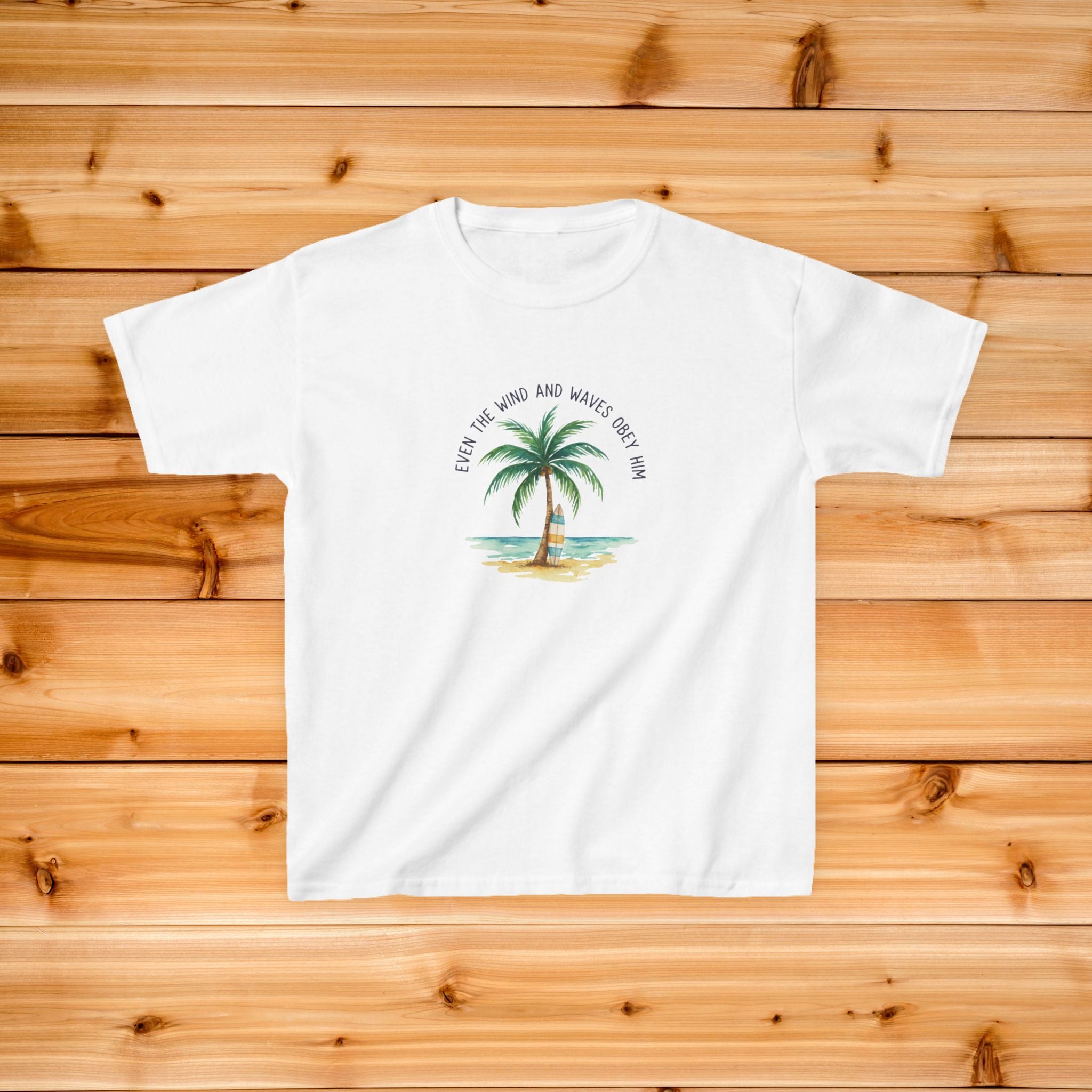 Palm Tree Beach Illustration Kids Tee | Youth Island Vacation Tropical Design