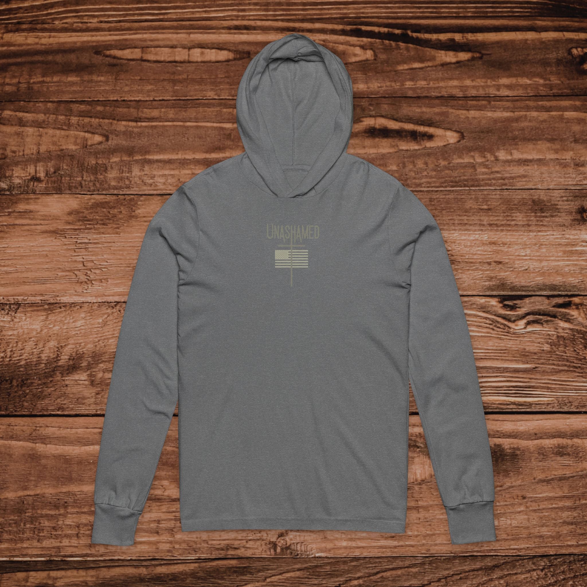 UNASHAMED Cross American Flag Hoodie Tee | Christian Faith Long Sleeve Hoodie