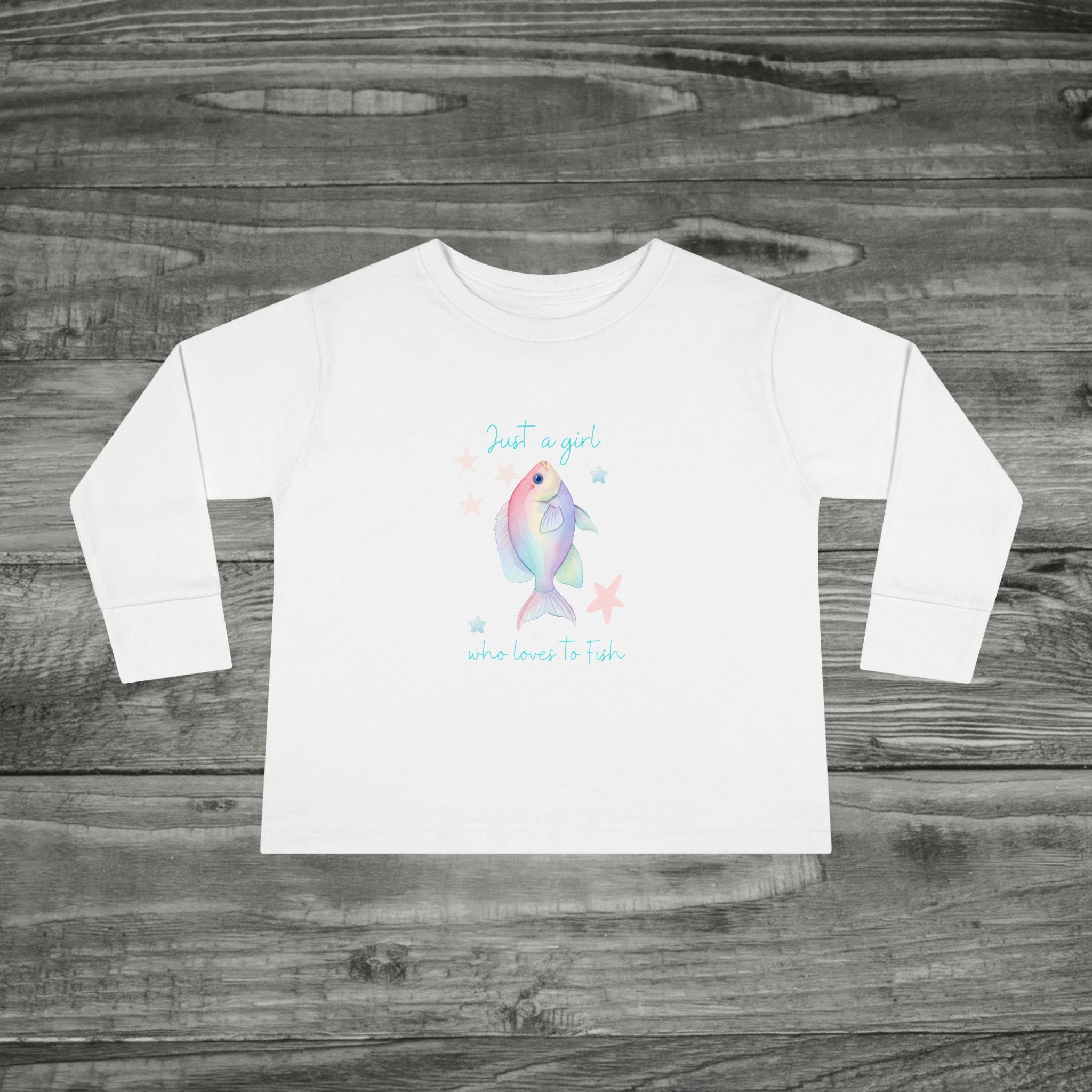Pastel Rainbow Fish toddler long sleeve tee | Cute aquatic design, starfish accents