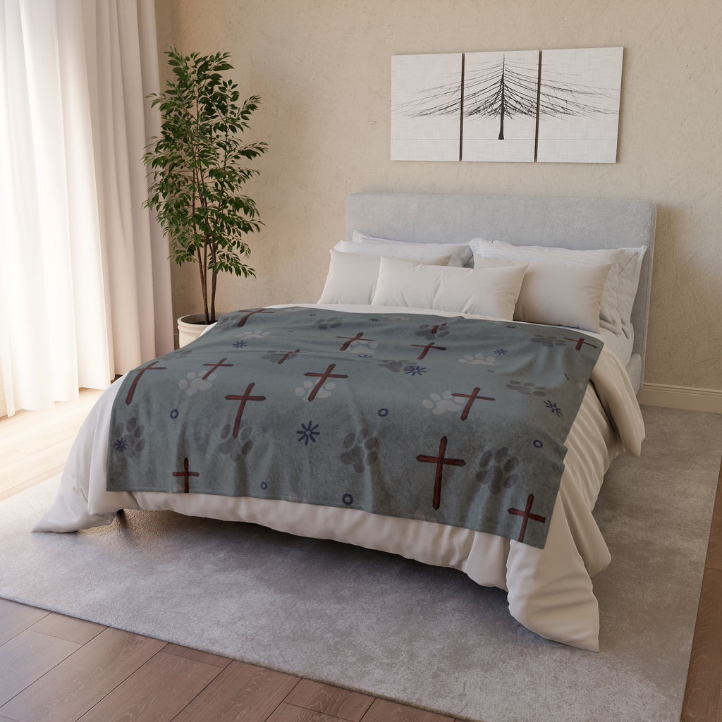 Cross and Paw Print Christian Throw Blanket Dark Gray