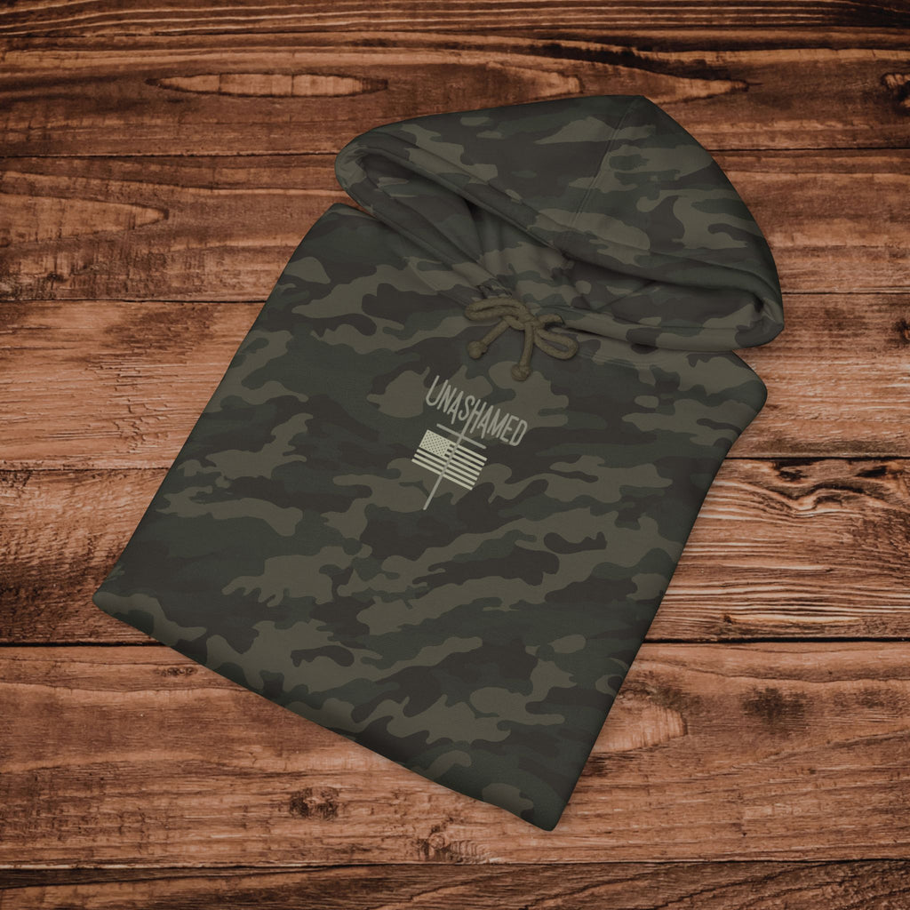 Embroidered Unashamed Camo Hoodie, Aesthetic Christian Camouflage Sweatshirt, American Faith Pullover Sweater