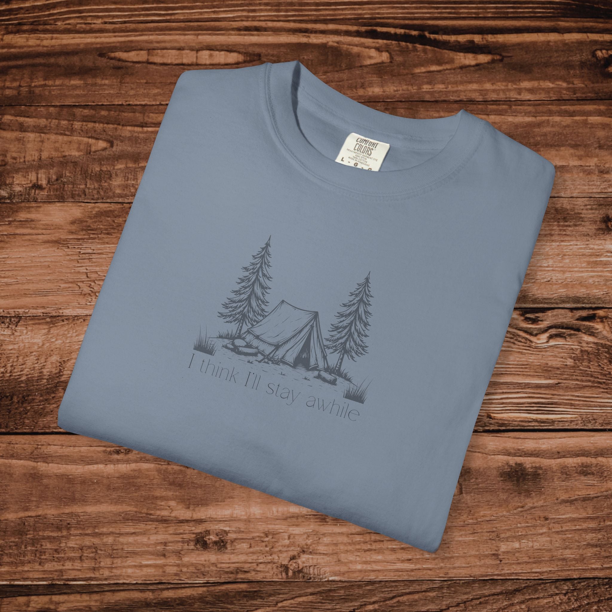 I think I'll stay for awhile, Soft Sketch Camping Tee, Minimal Camping Tent Illustration T-Shirt, Outdoors Tee, Nature Lover Scene Shirt