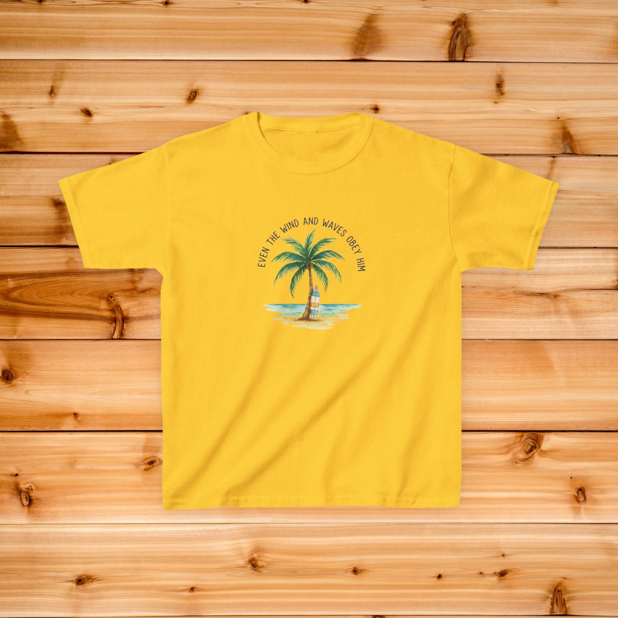 Palm Tree Beach Illustration Kids Tee | Youth Island Vacation Tropical Design