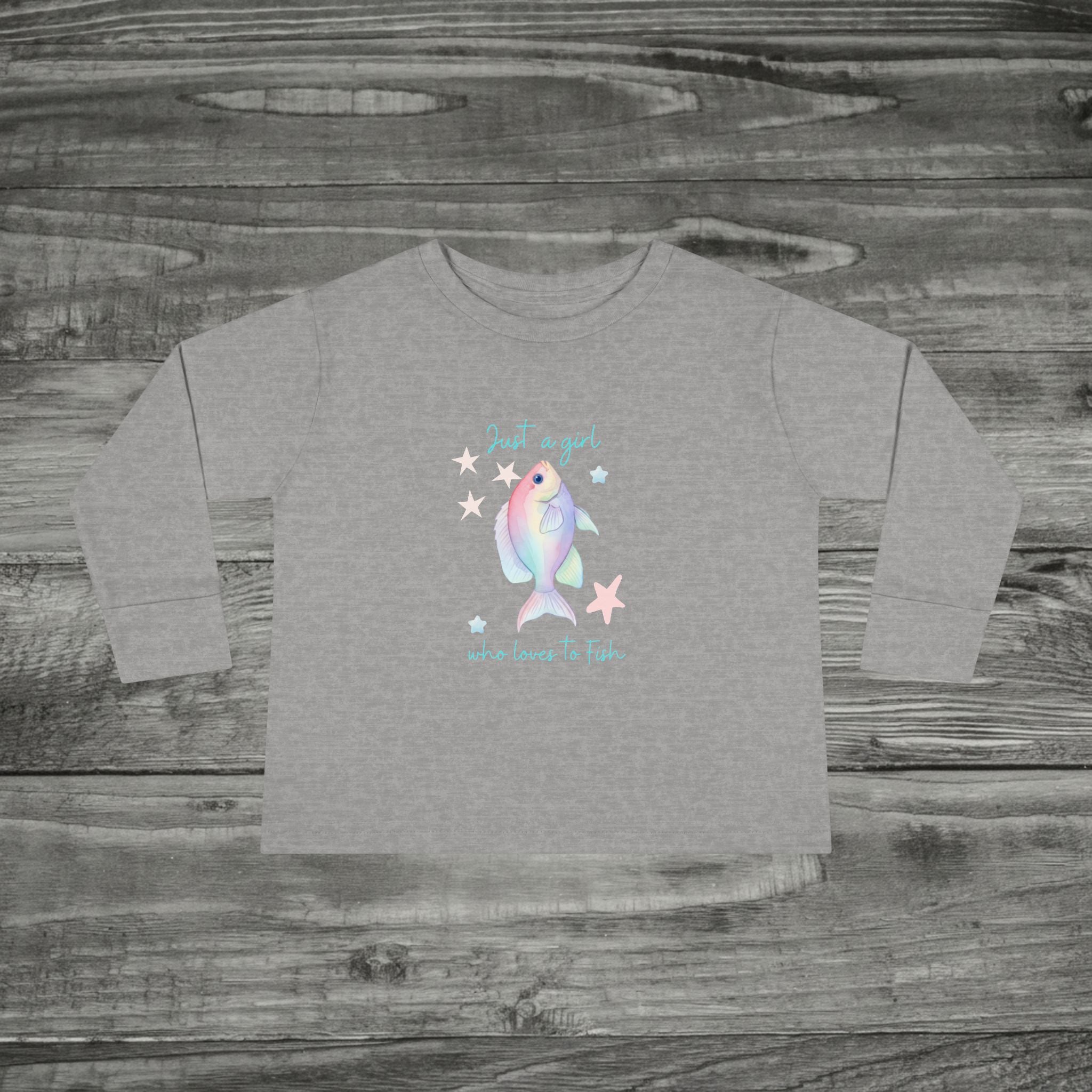 Pastel Rainbow Fish toddler long sleeve tee | Cute aquatic design, starfish accents