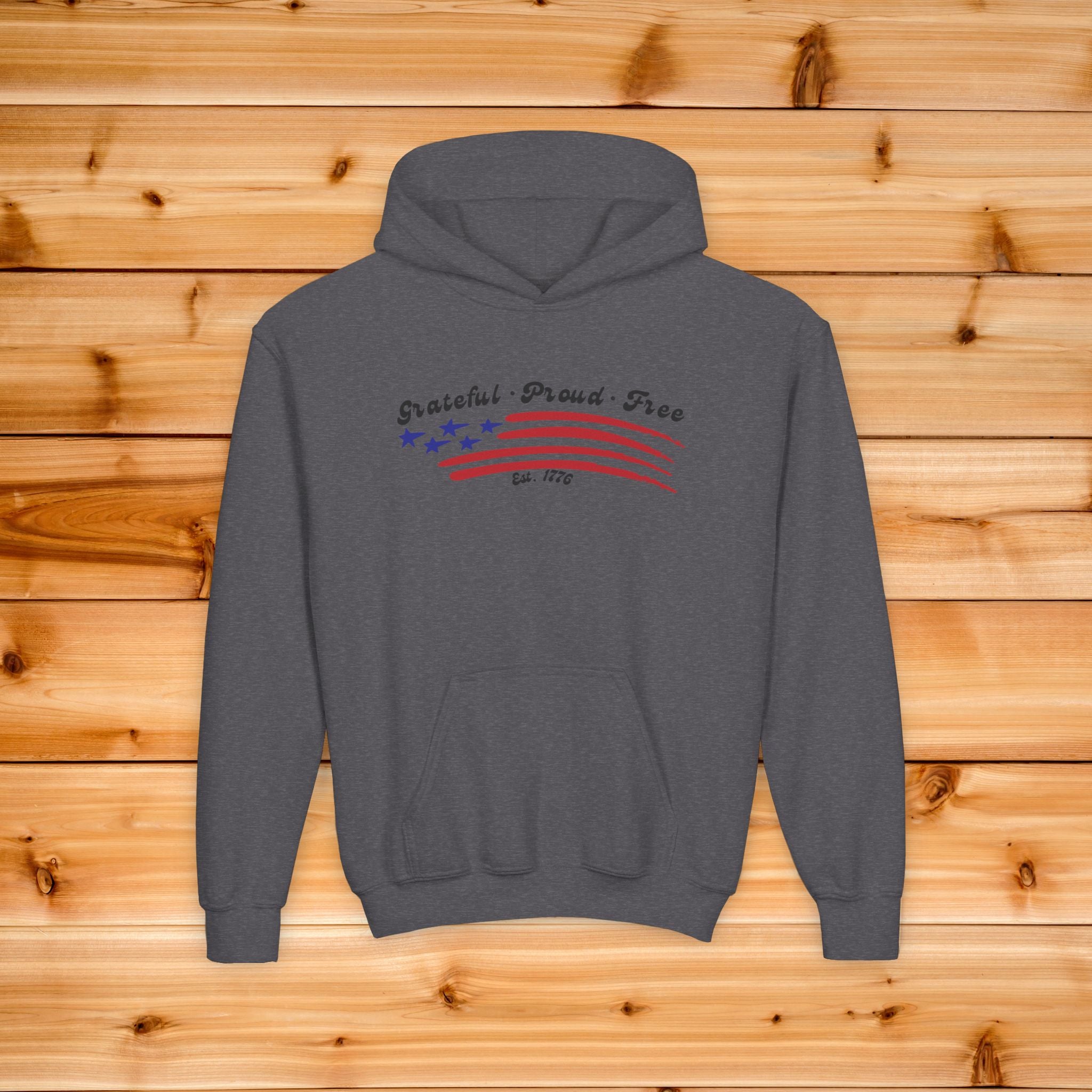 Kids Grateful Proud Free Hoodie, Patriotic Youth Sweatshirt, American Flag Kids Apparel, 4th of July Toddler Outfit, Minimalist USA Pride