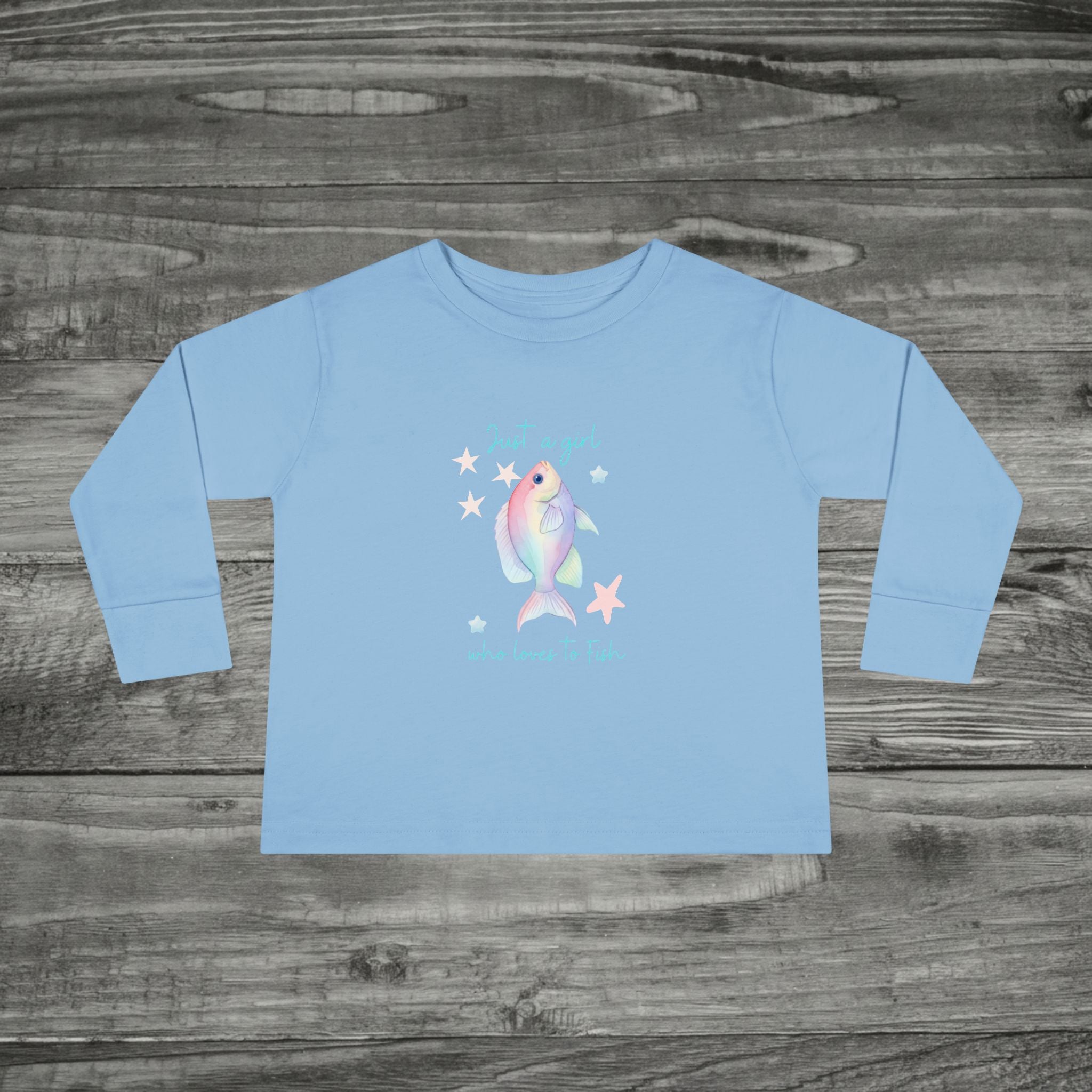 Pastel Rainbow Fish toddler long sleeve tee | Cute aquatic design, starfish accents